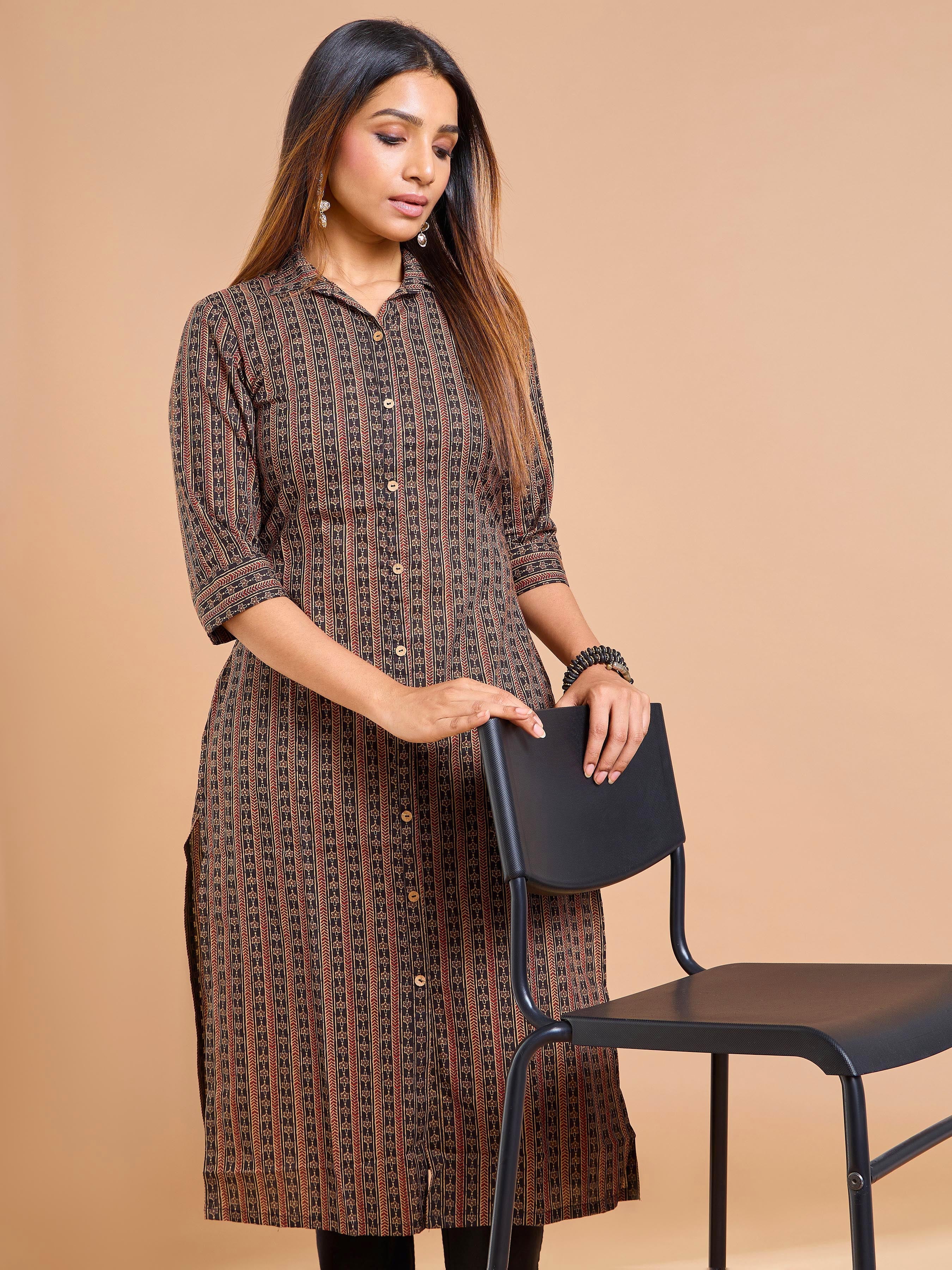 Coffee Brown Pure Cotton Kurti With Print