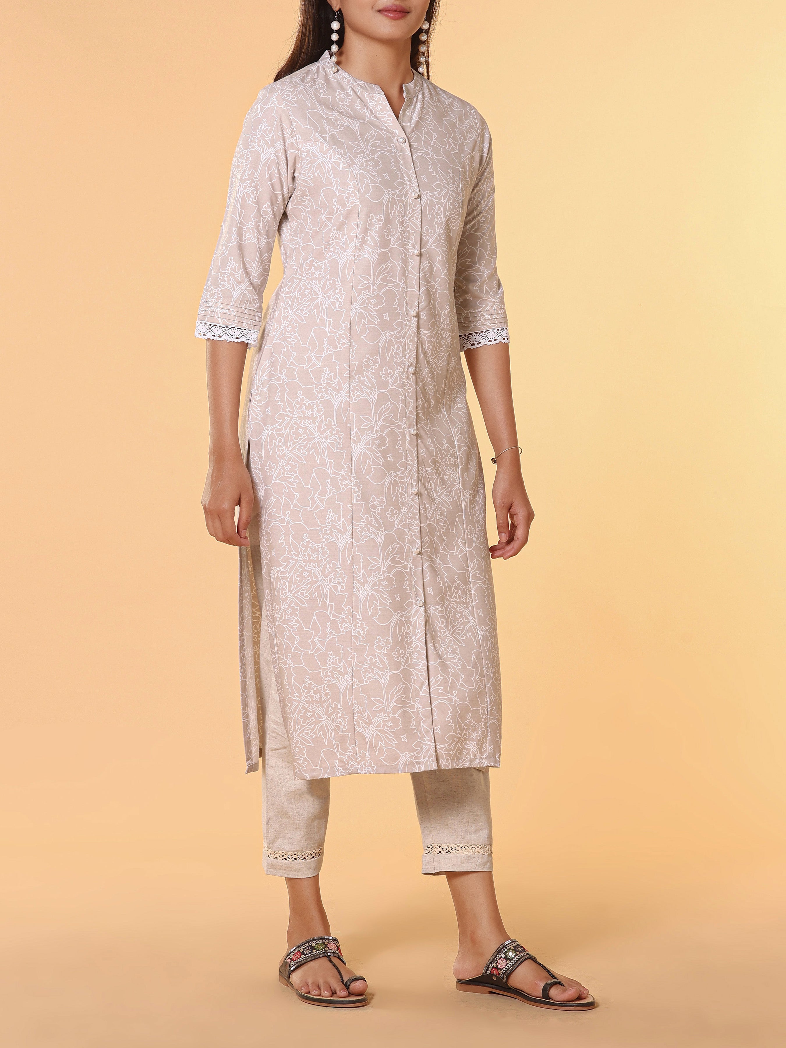 Ivory Modal Slub Printed Kurti With Button Placket