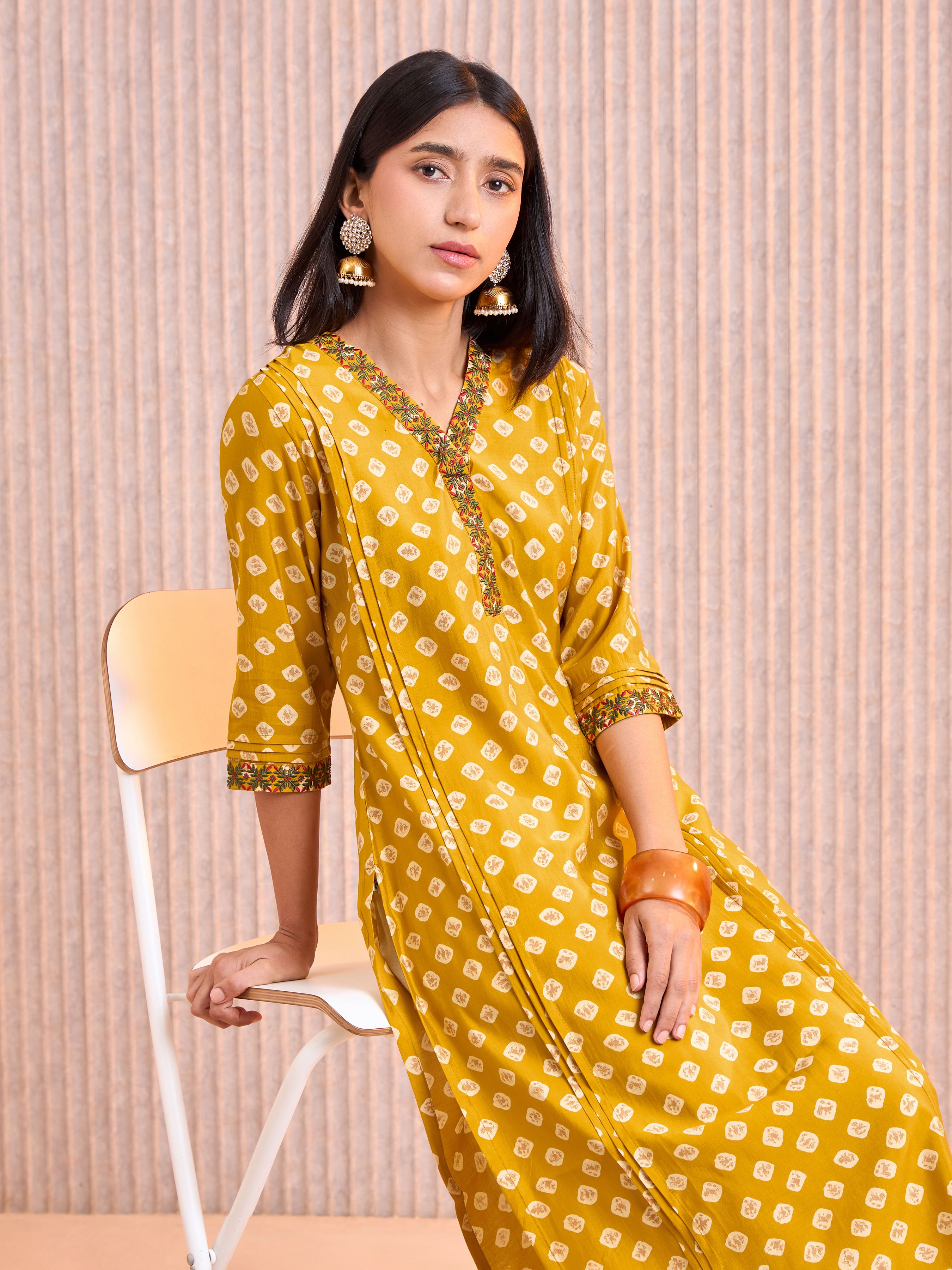 Mustard Modal Chanderi Printed Kurti With Pleats And Embroidery Work