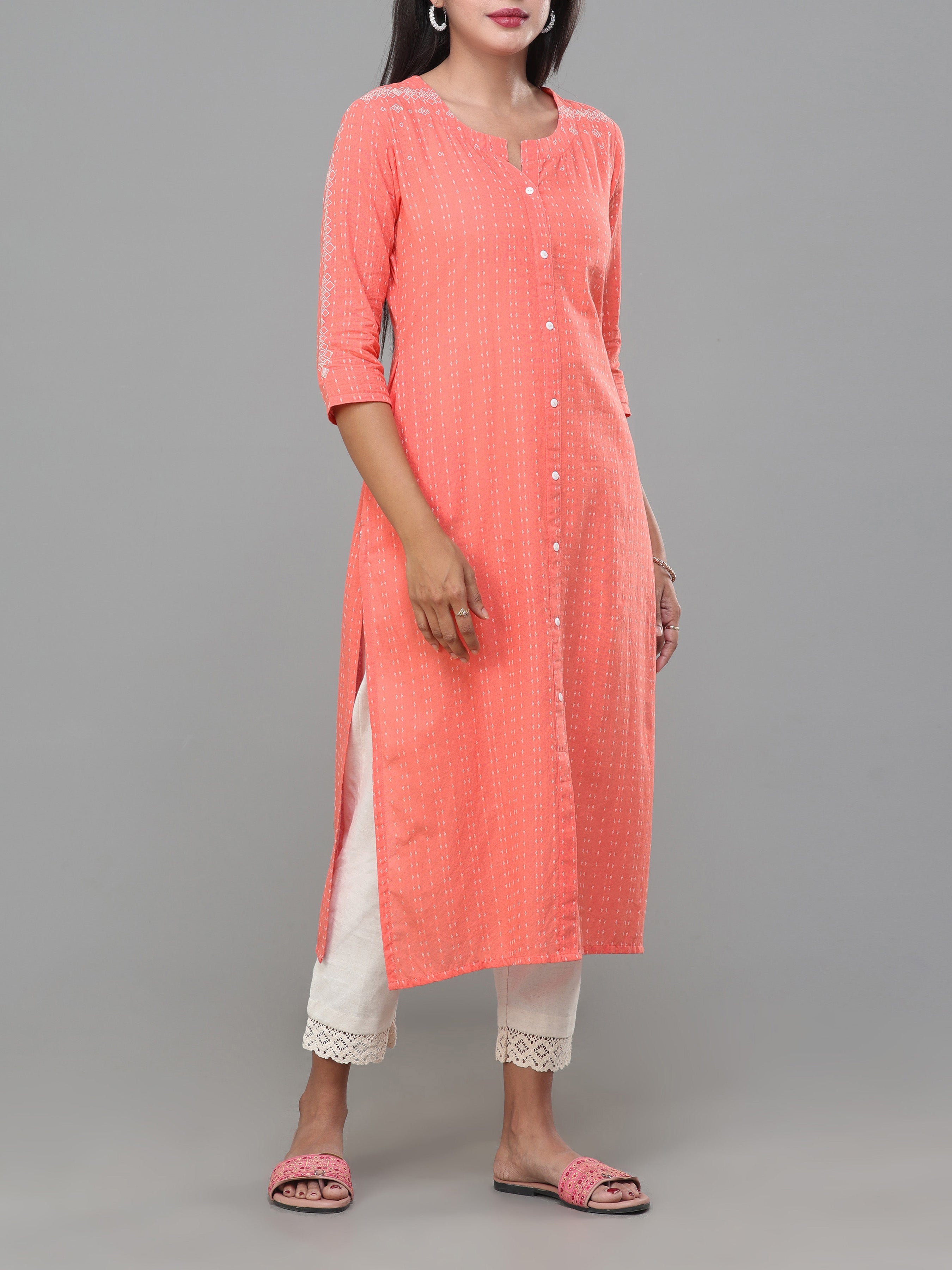 Peach Cotton Dobby Kurti With Embroidery