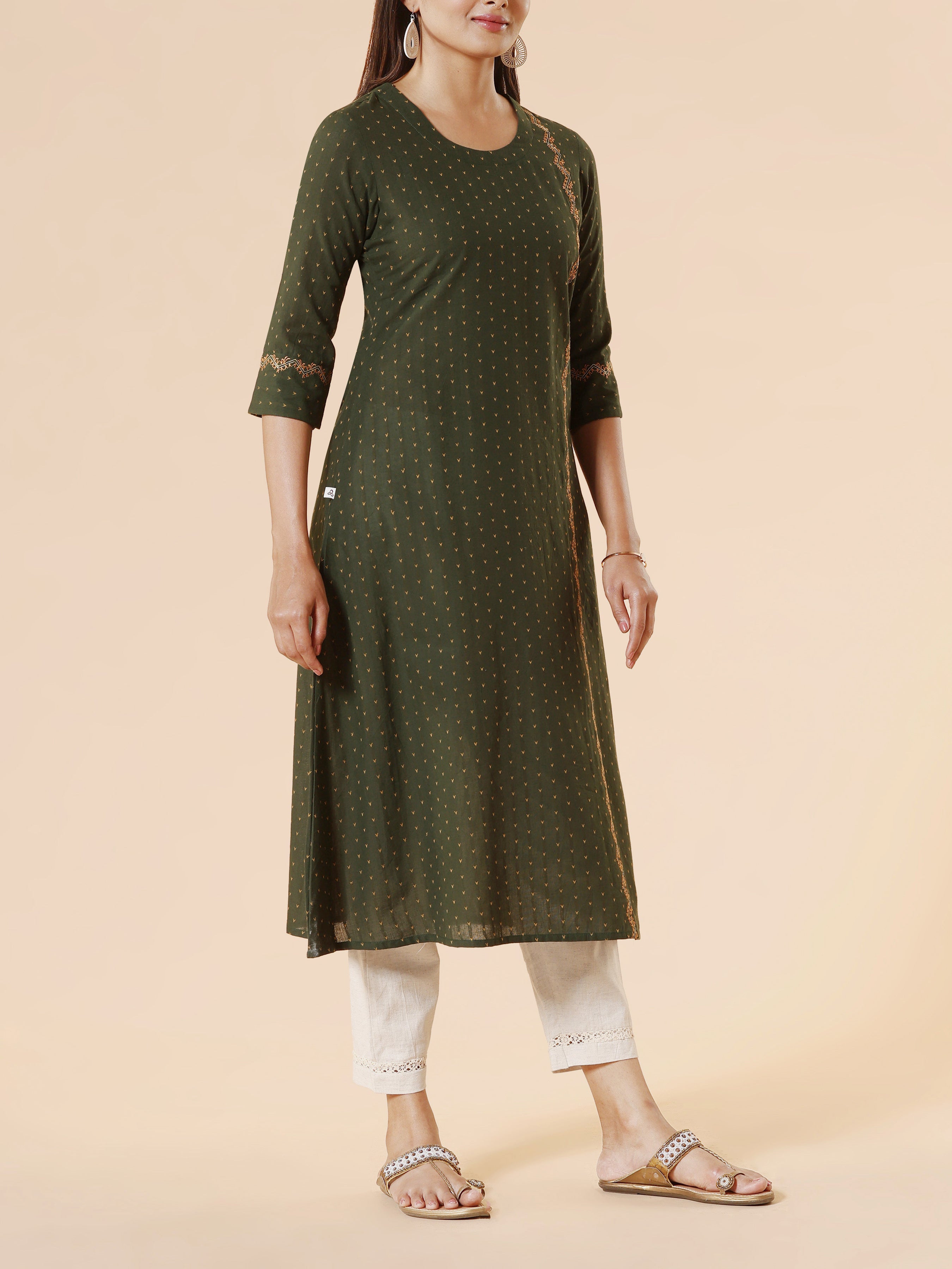 Bottle Green Cotton Dobby Kurti With Embroidery