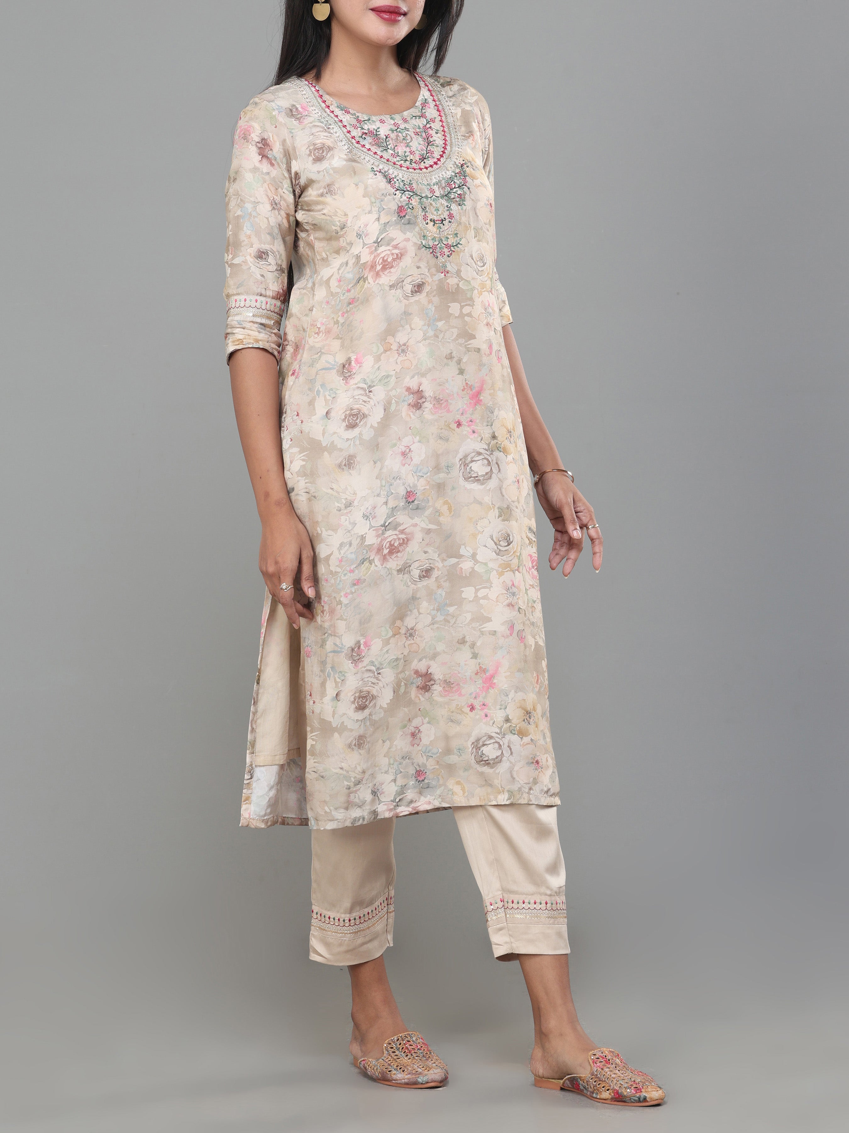 Multi Colour Muslin Printed Kurti With Sequins Work and Matching Bottom