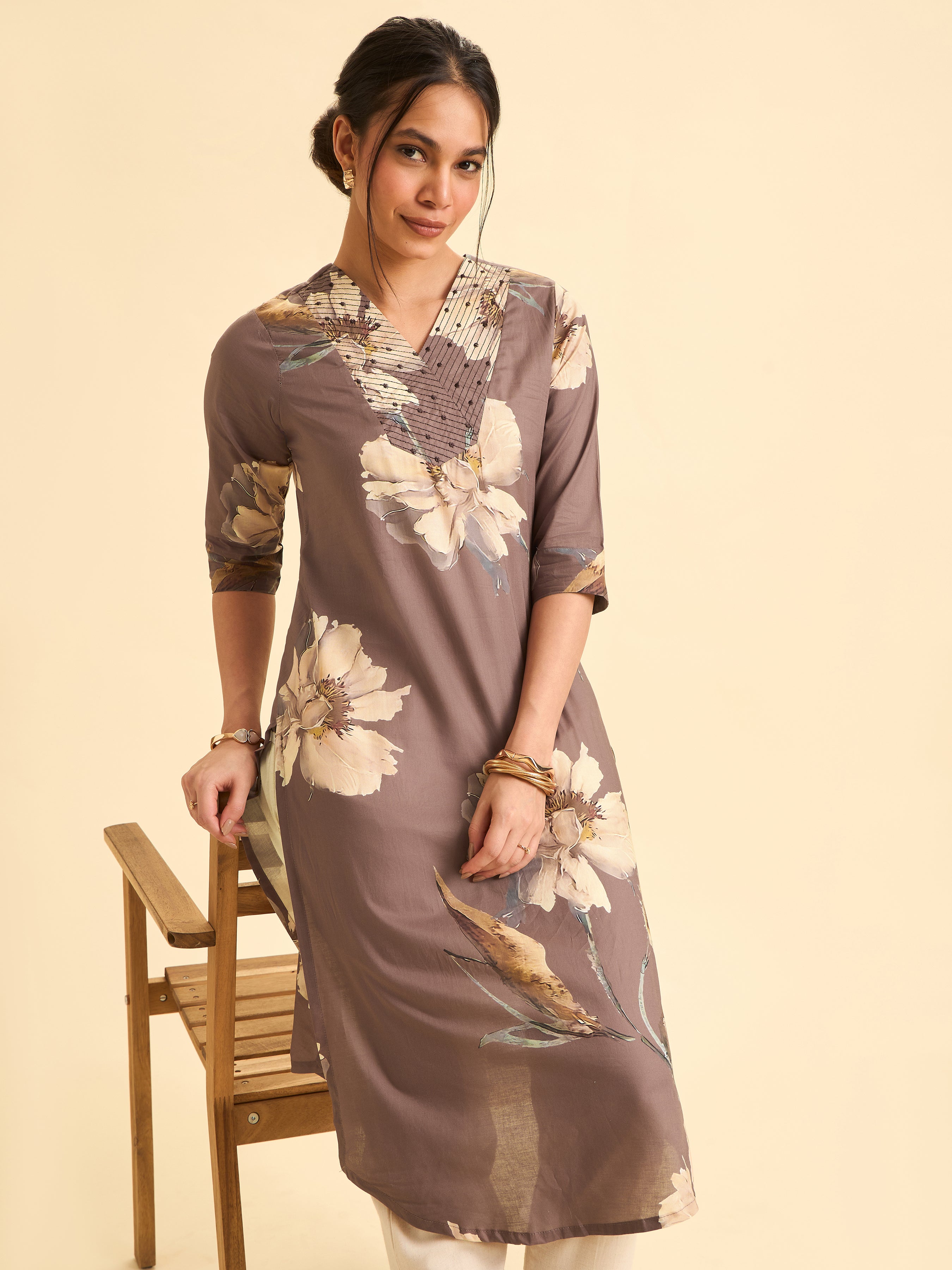 Brown Cotton Kurta With Multi Colour Print And Embroidery