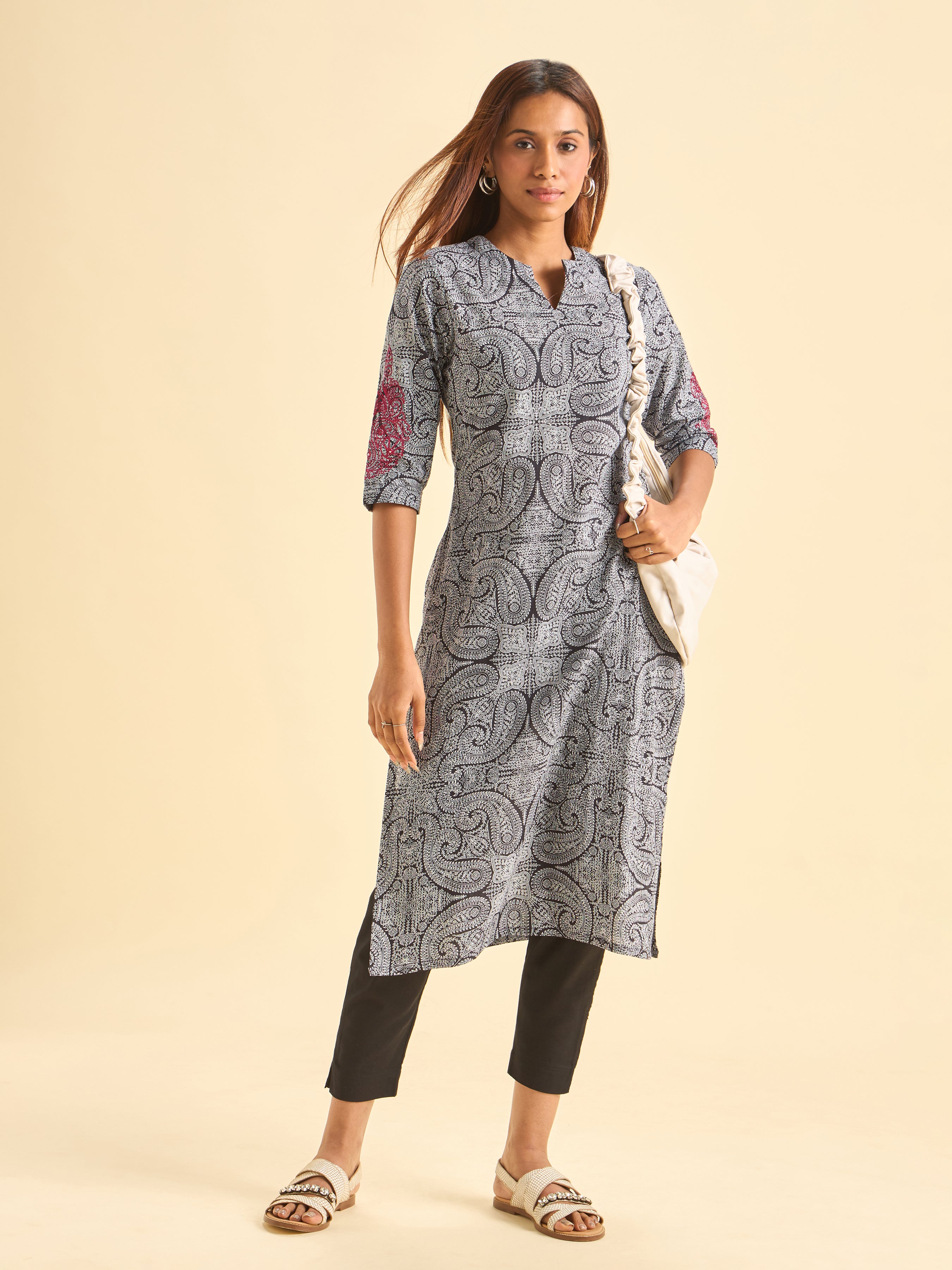 Black White Pure Cotton Printed Kurti With Embroidery