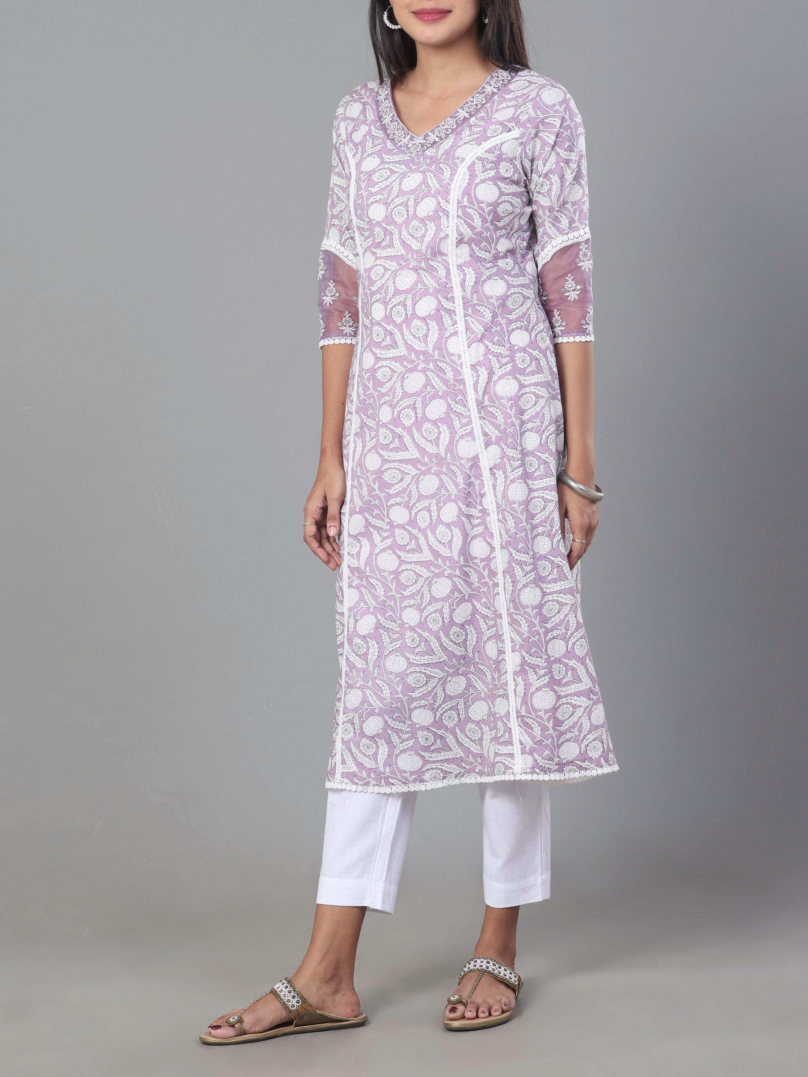 Light Purple Pure Cotton Kurti With Print