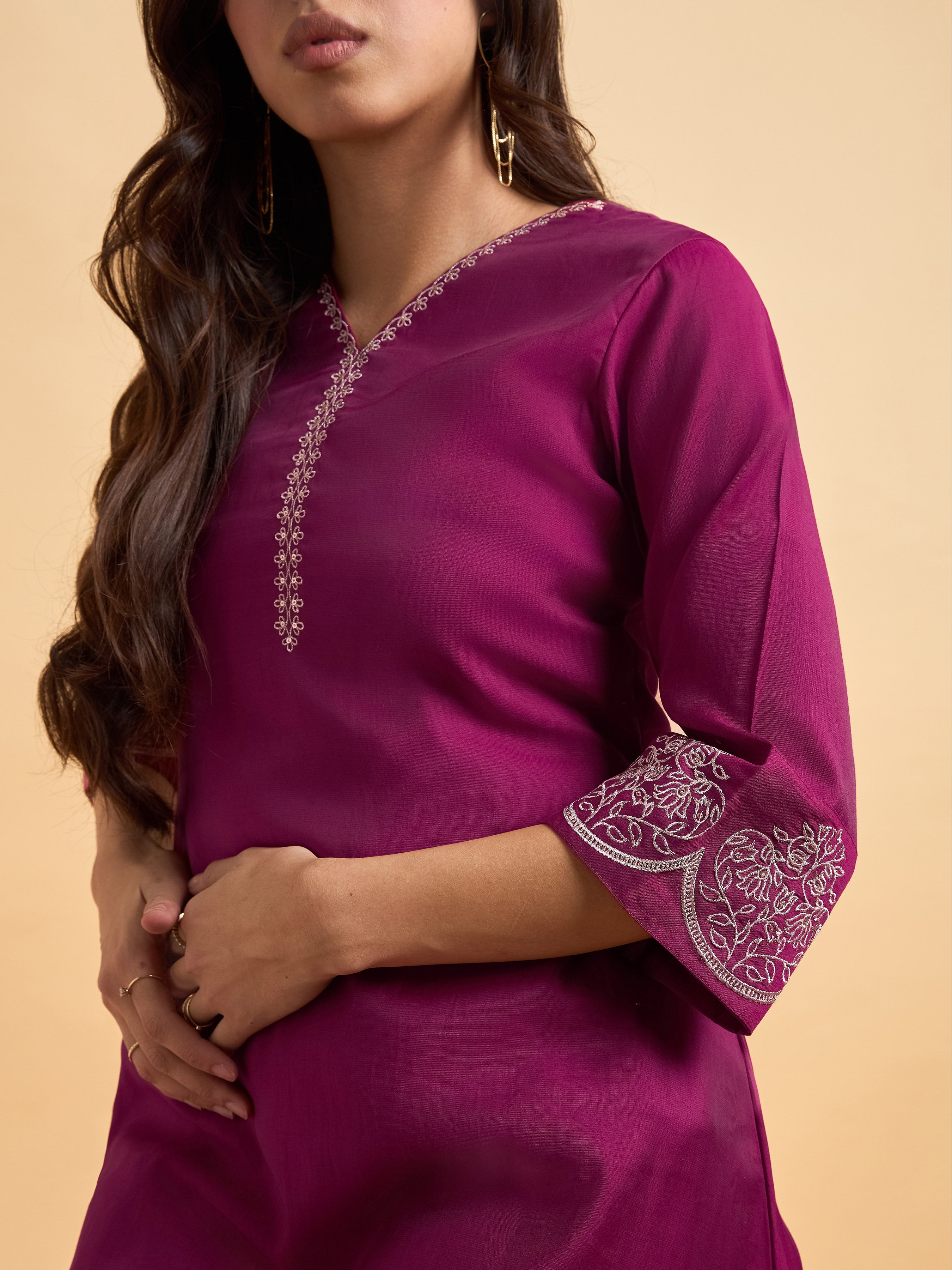 Magenta Viscose Blend Kurti Set With Dupatta And Sequence Embroidery