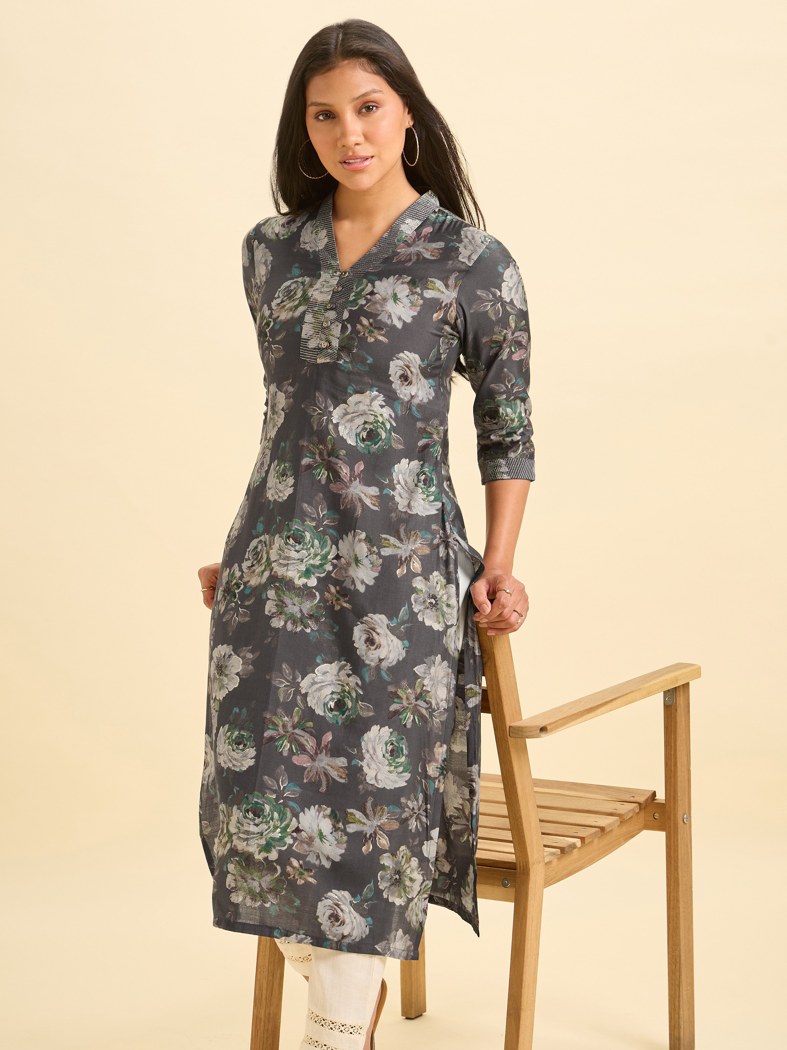 Dark Grey Modal Chanderi Printed Slited Kurti With Embroidery