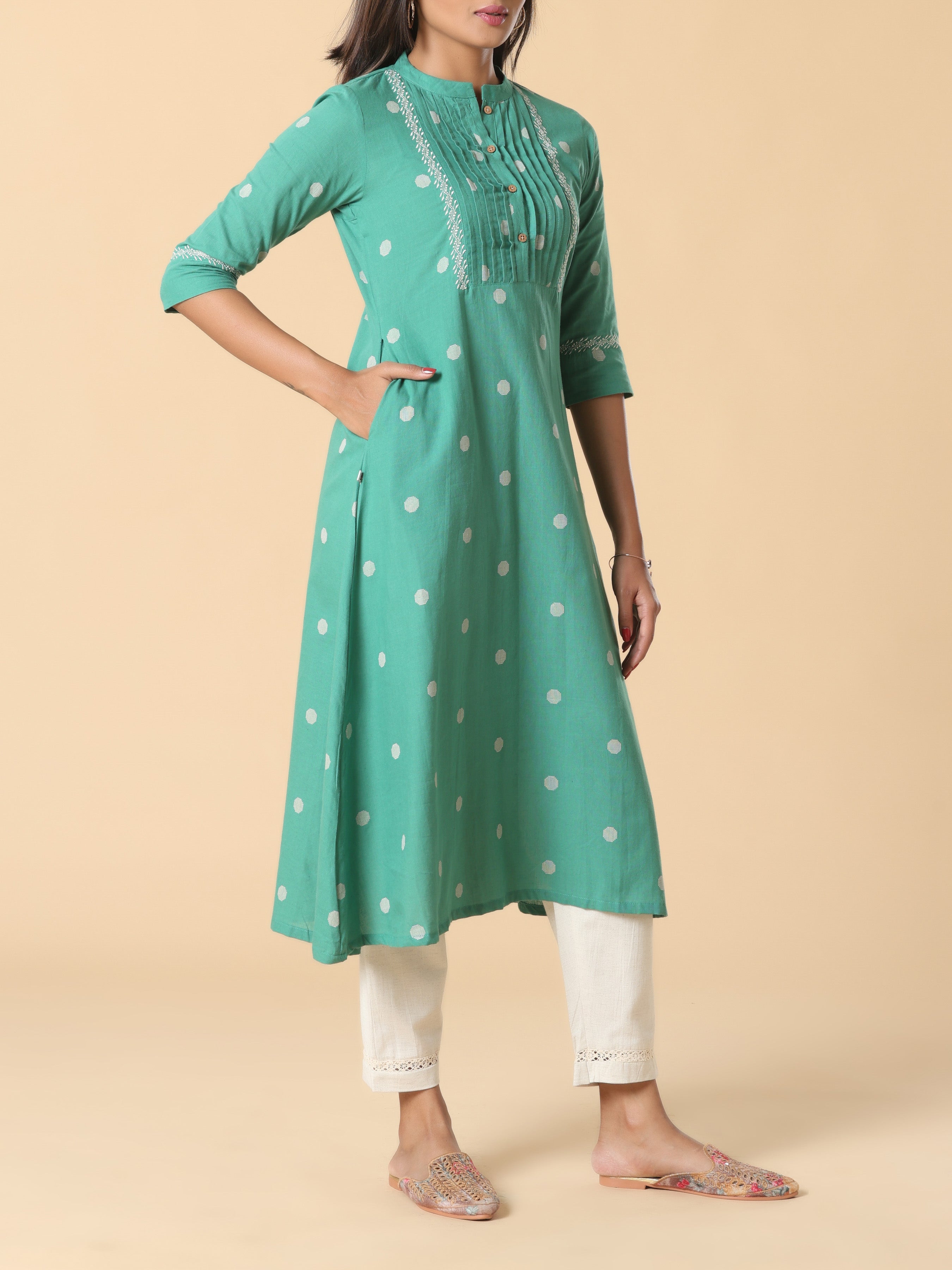 Aqua Green Cotton Dobby Kurti With Embroidery