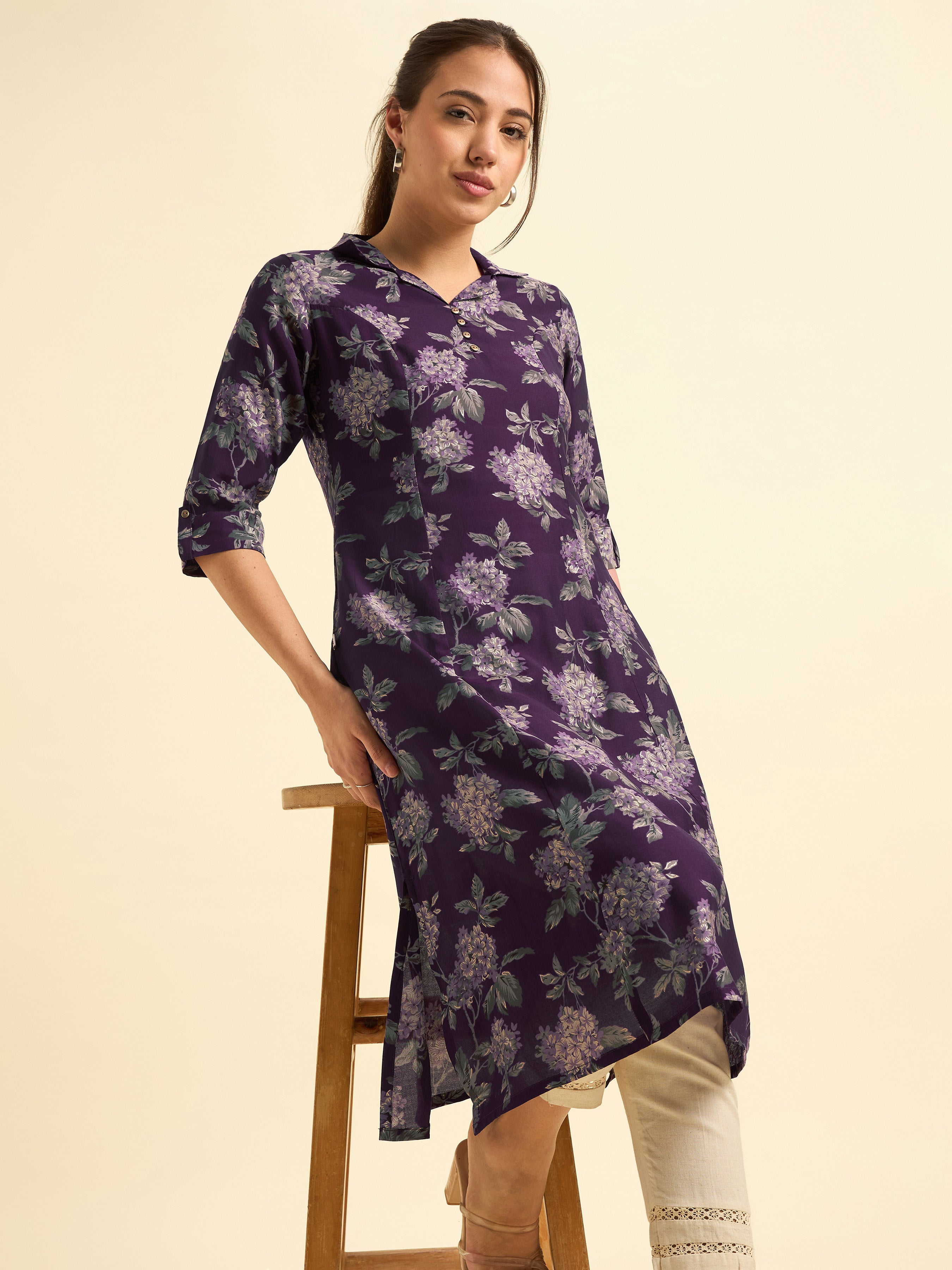 Purple Modal Chanderi Flared Printed Kurti With Princesscut