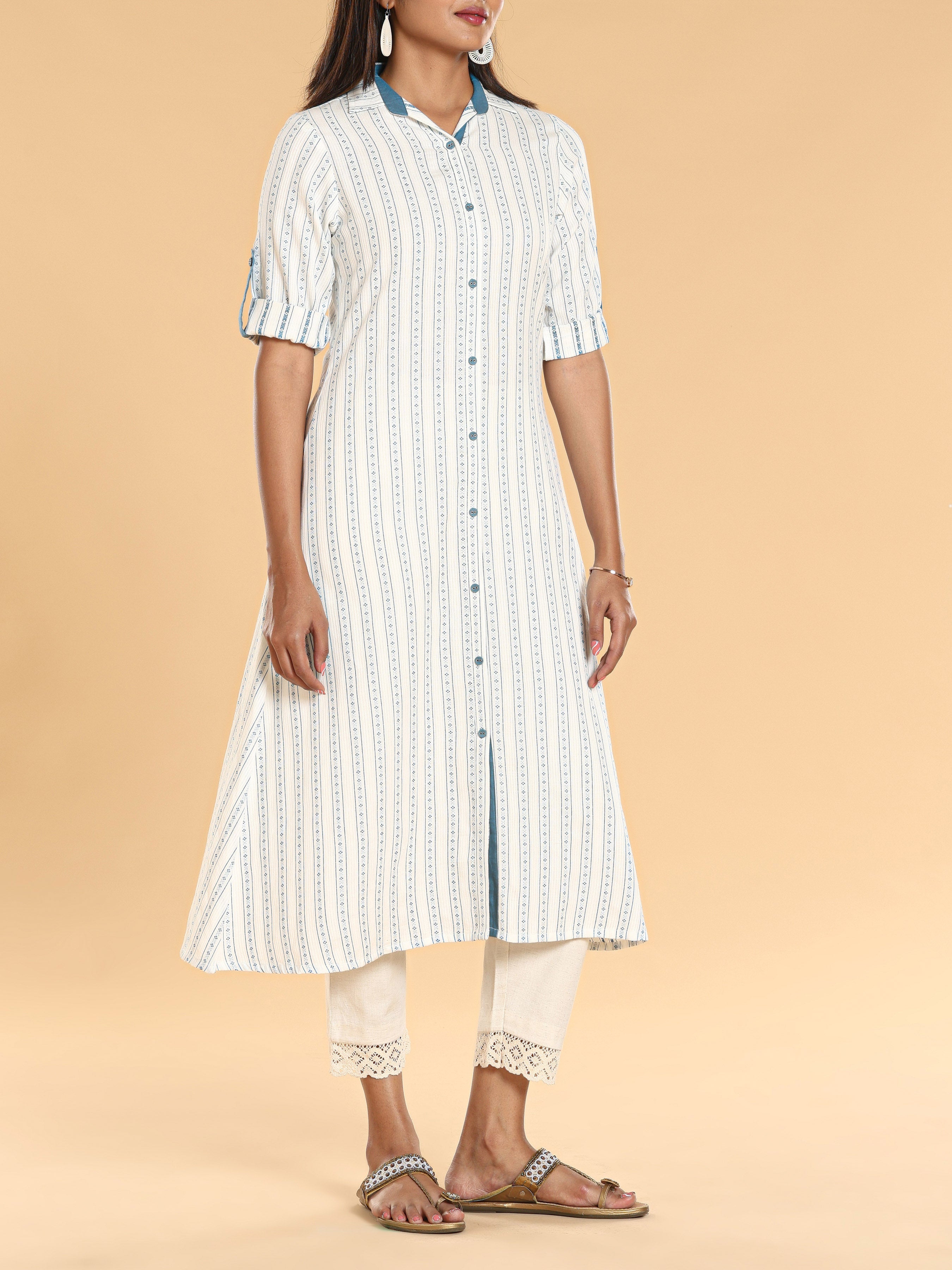 Off White Cotton Dobby Kurti With Button Placket