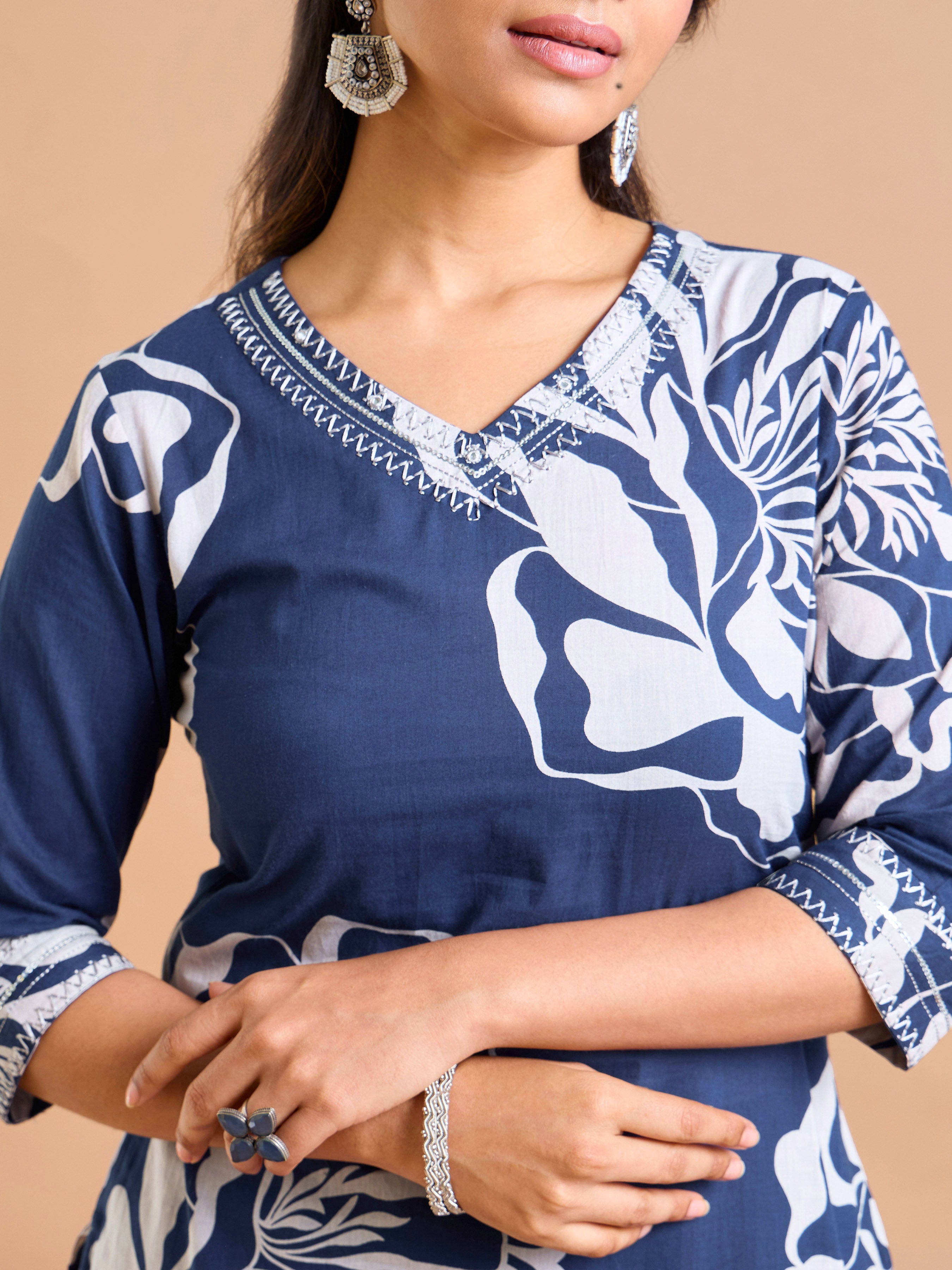 Navy Blue Pure Cotton Printed Kurti Embroidery