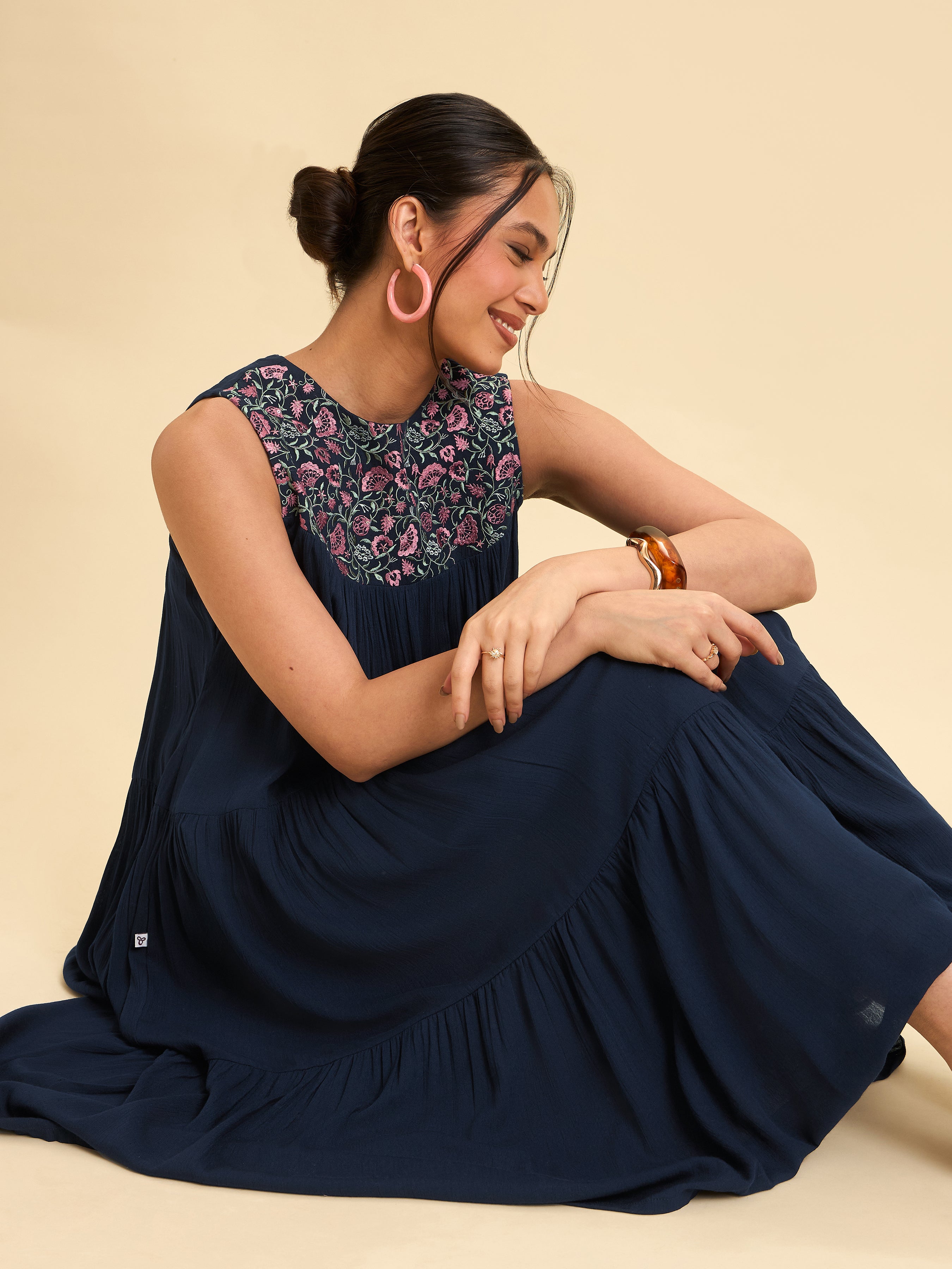Navy Blue Wrinkle Viscose Plain Flared Tiered Cut Kurti With Sequins Embroidery
