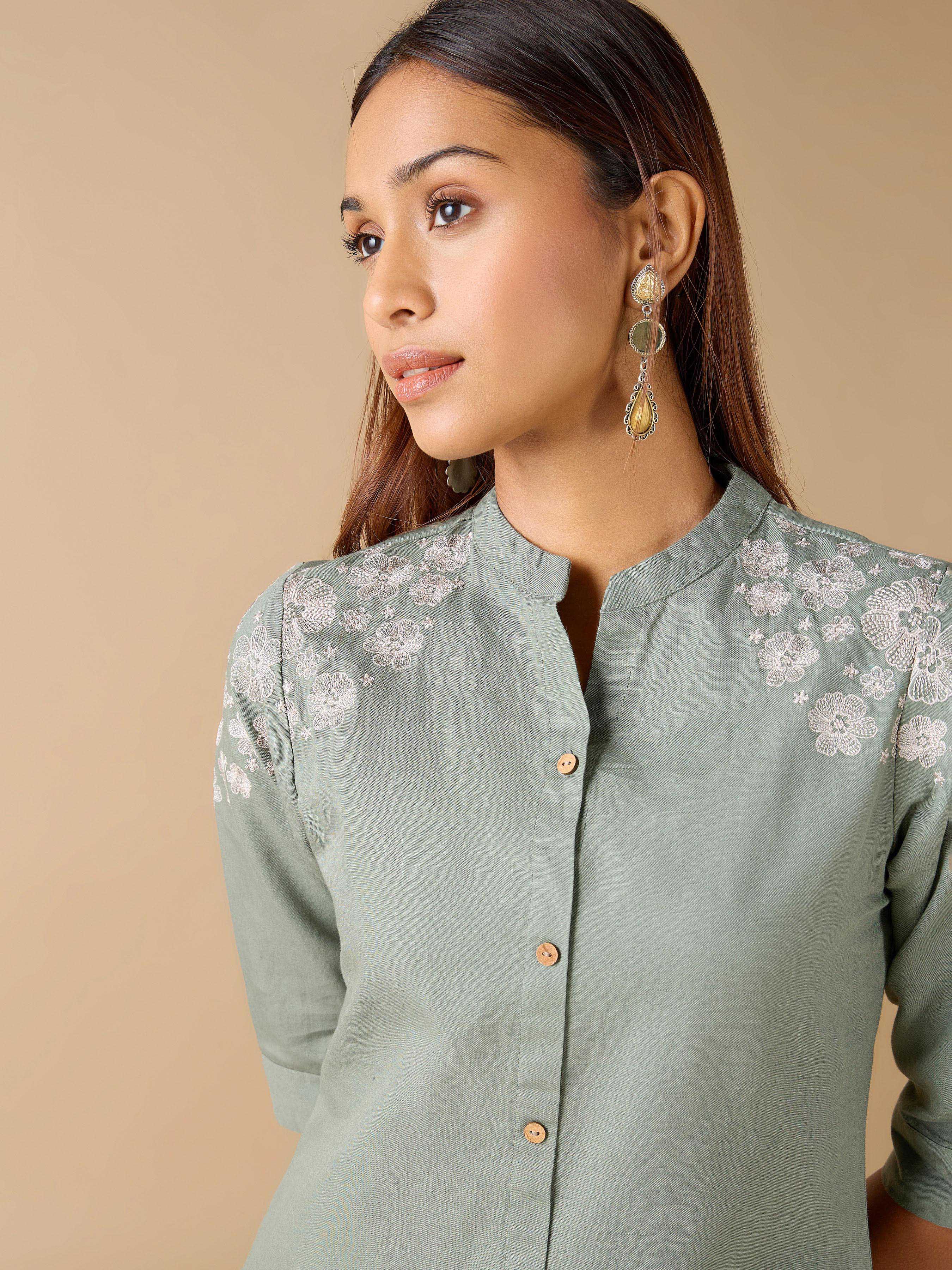 Sage Green Cotton Linen Plain Kurti With Embroidery And Matching Bottom