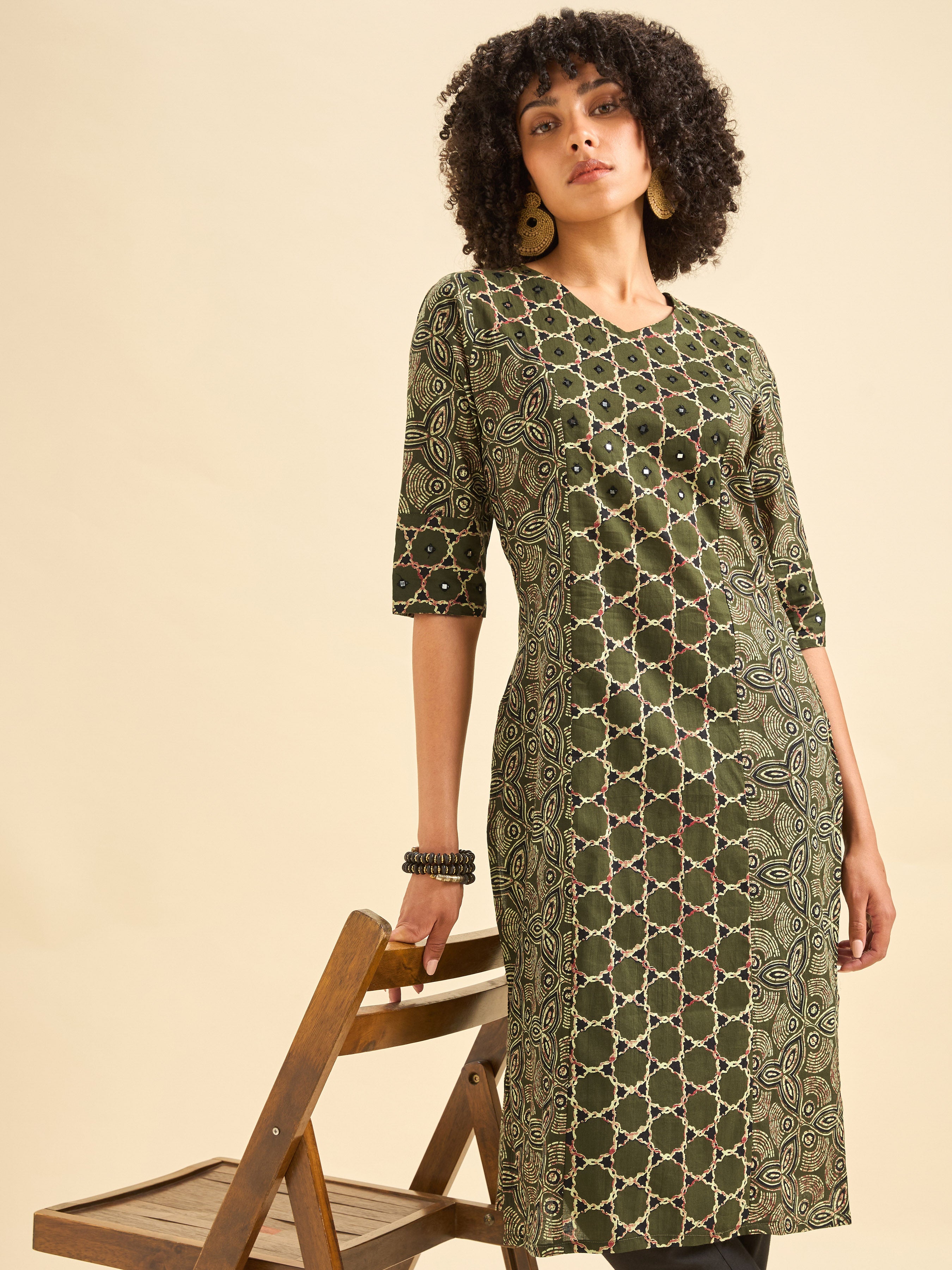 Olive Green Pure Cotton Printed Kurti With Mirror Work