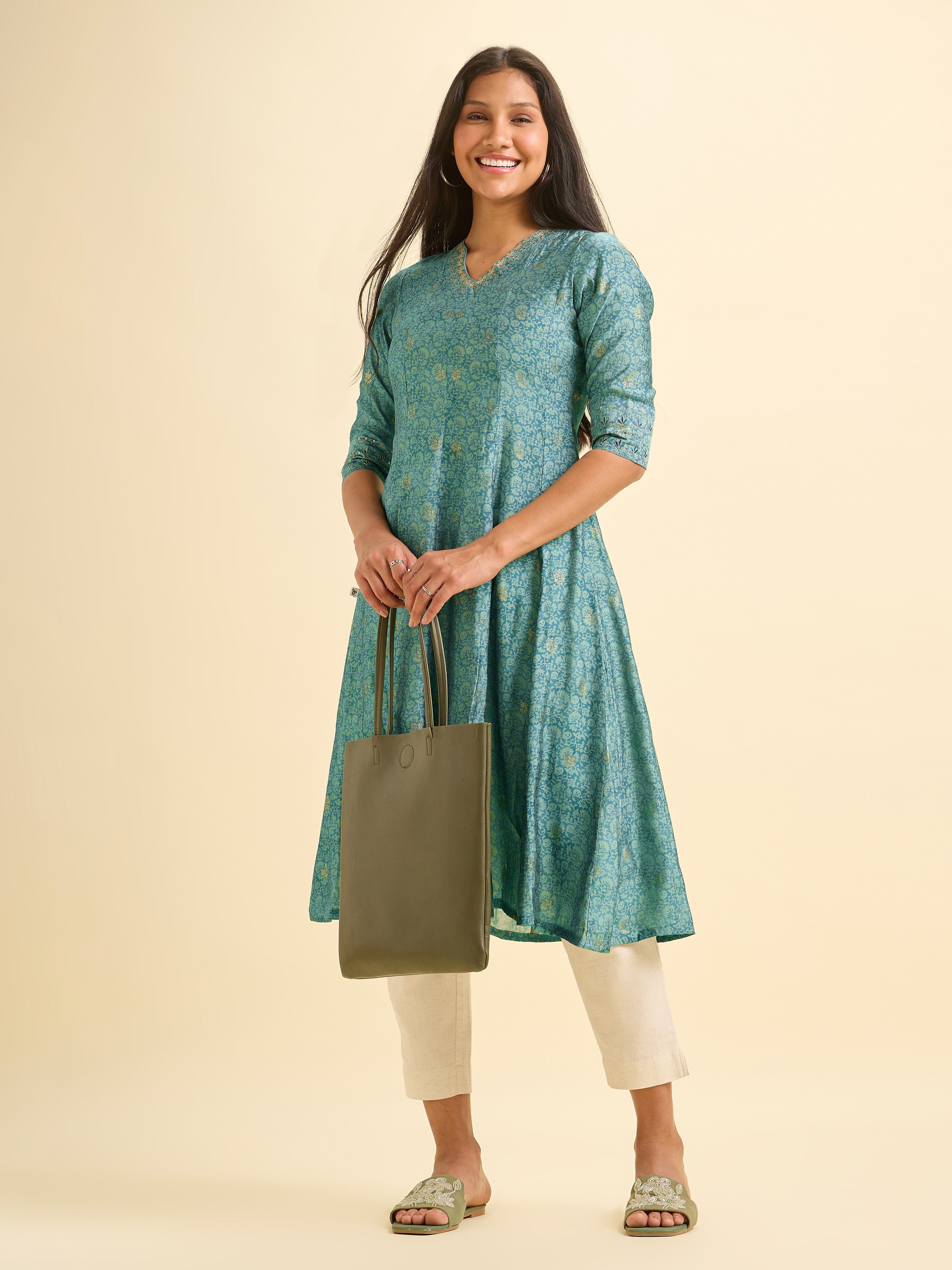 Teal Blue Modal Chanderi Printed Kalicut Kurti With Embroidery And Sequins Work