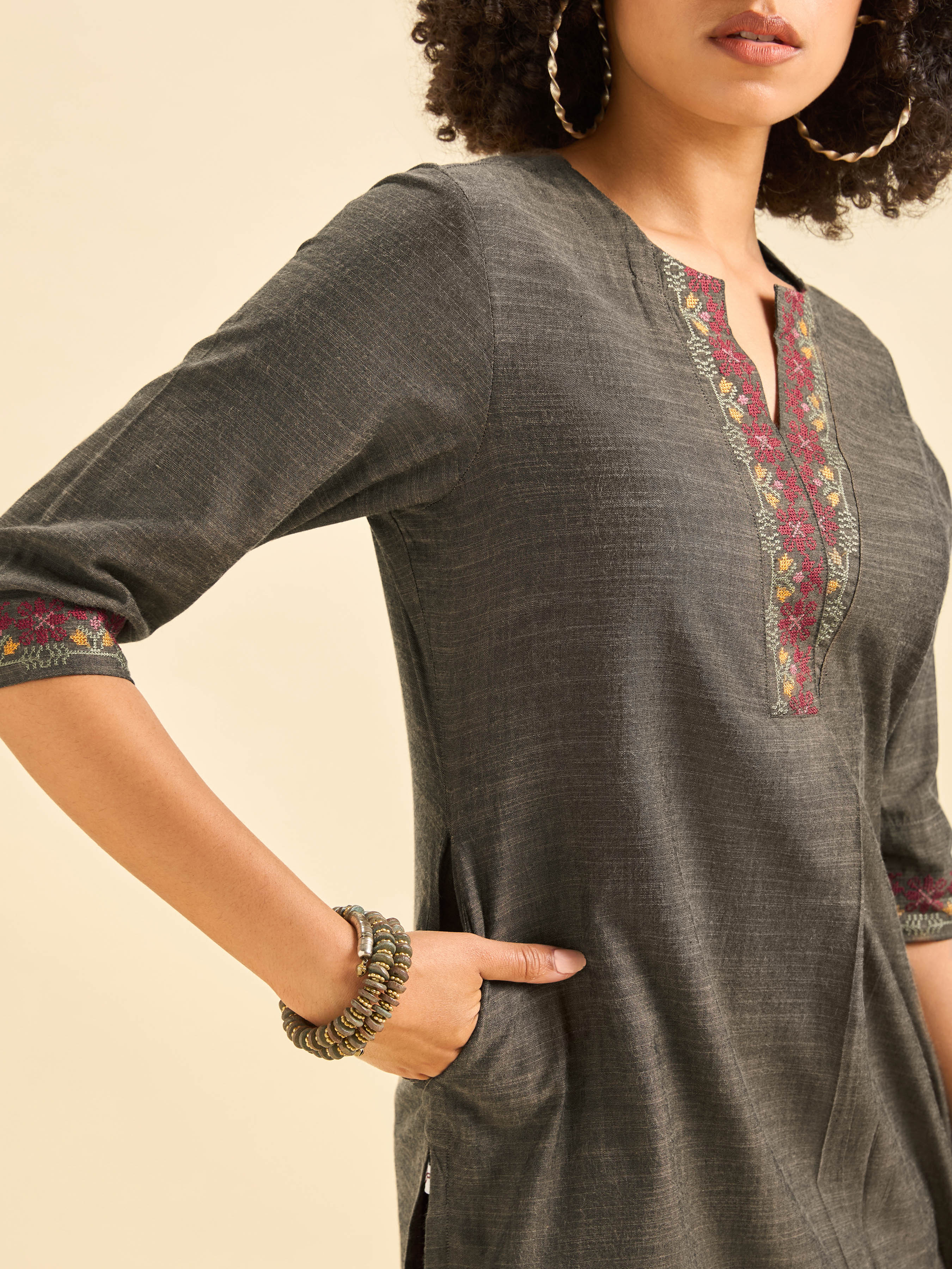 Dark Grey Cotton Viscose Kurti With Cross Stitch Embroidery