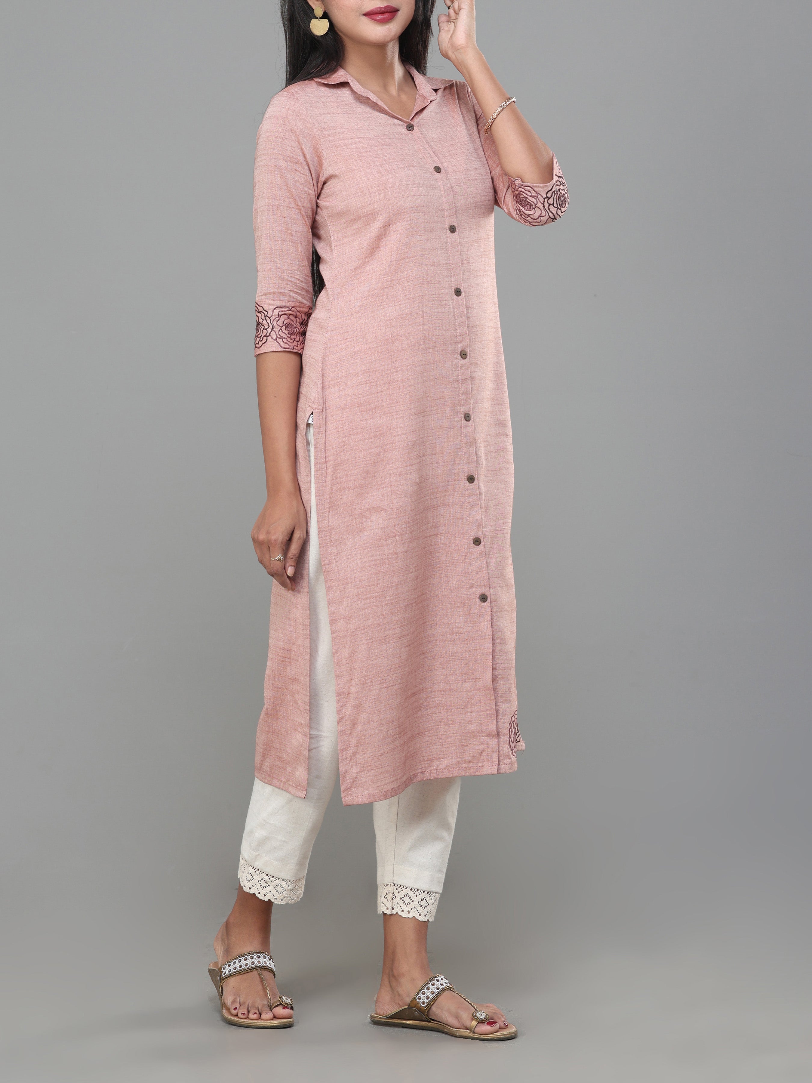 Onion Pink Viscose Cotton Kurti With Embroidery