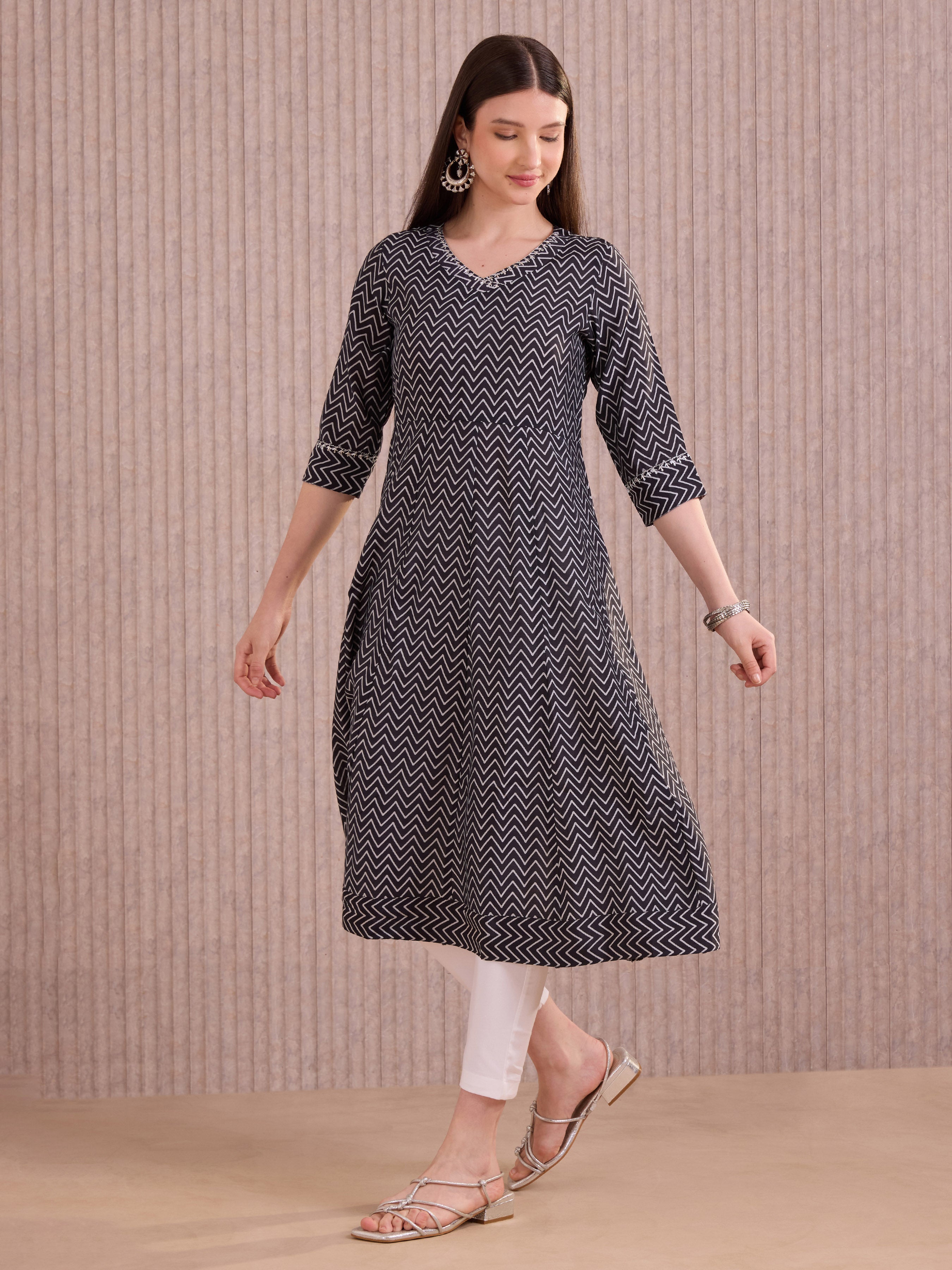 Black Modal Chanderi Printed Kali Cut Kurti With Sequins Embroidery Work