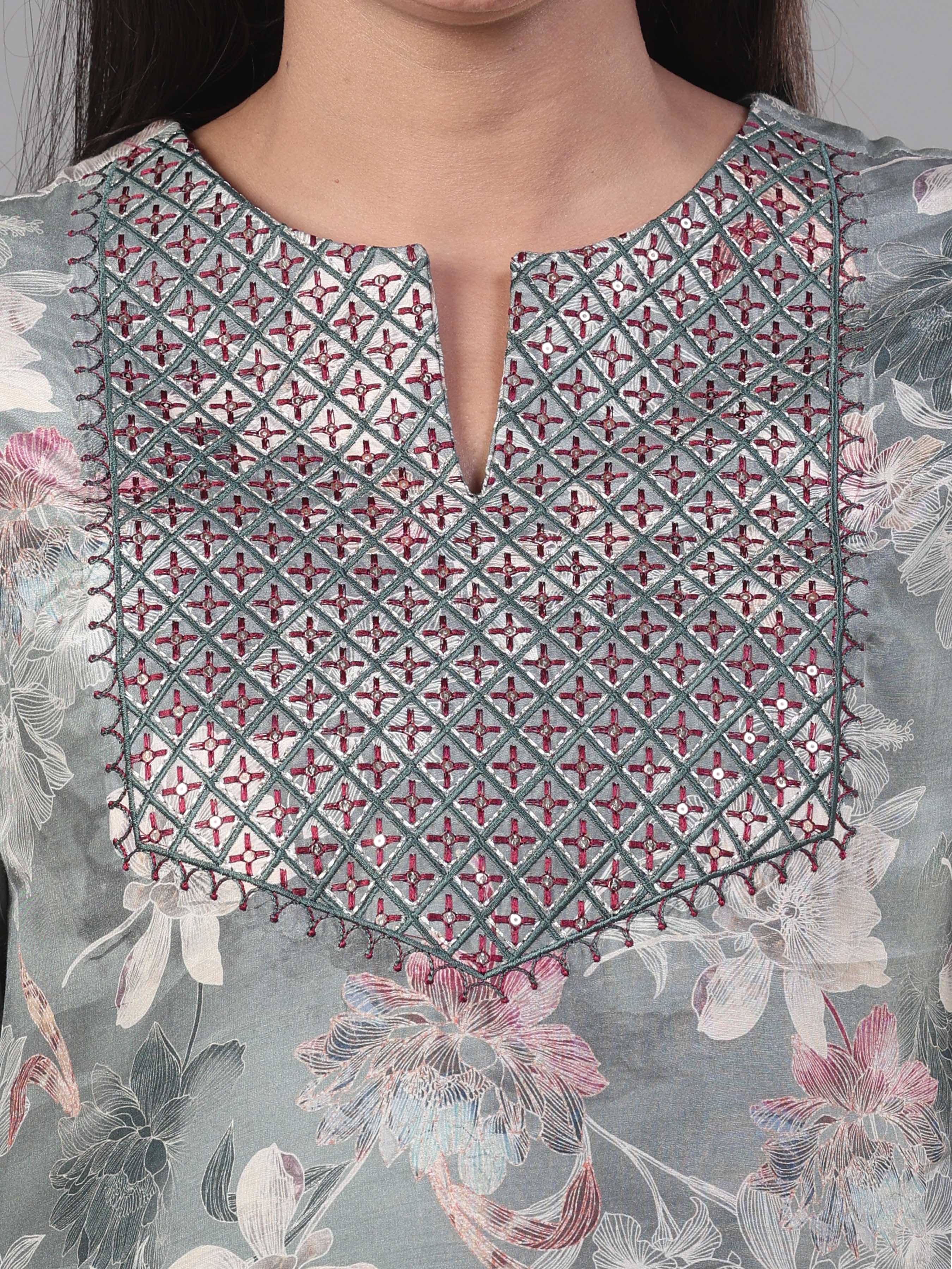 Multi Colour Muslin Printed Kurti With Embroidery And Matching Bottom
