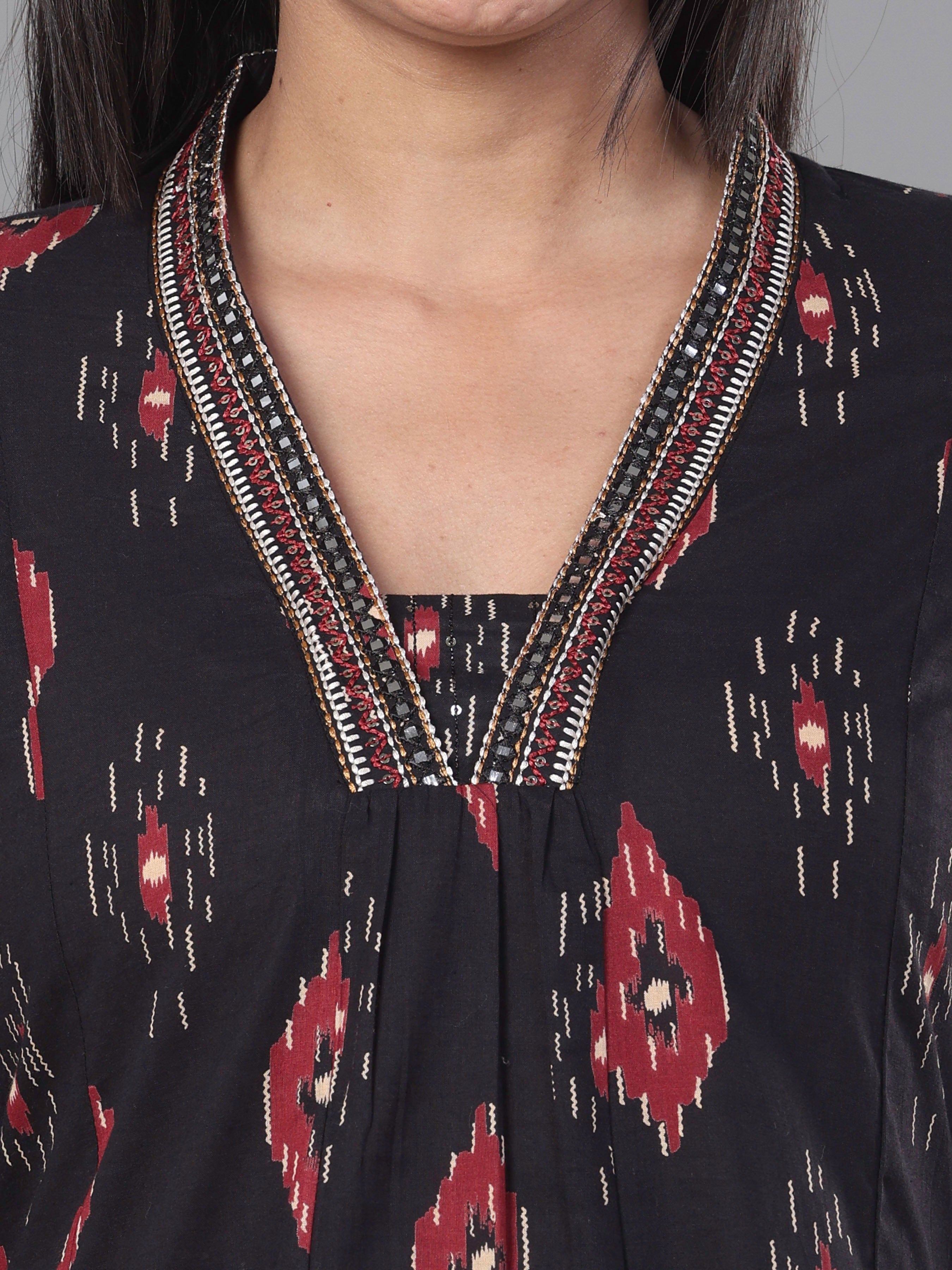 Black Pure Cotton Printed Kurti With Embroidery