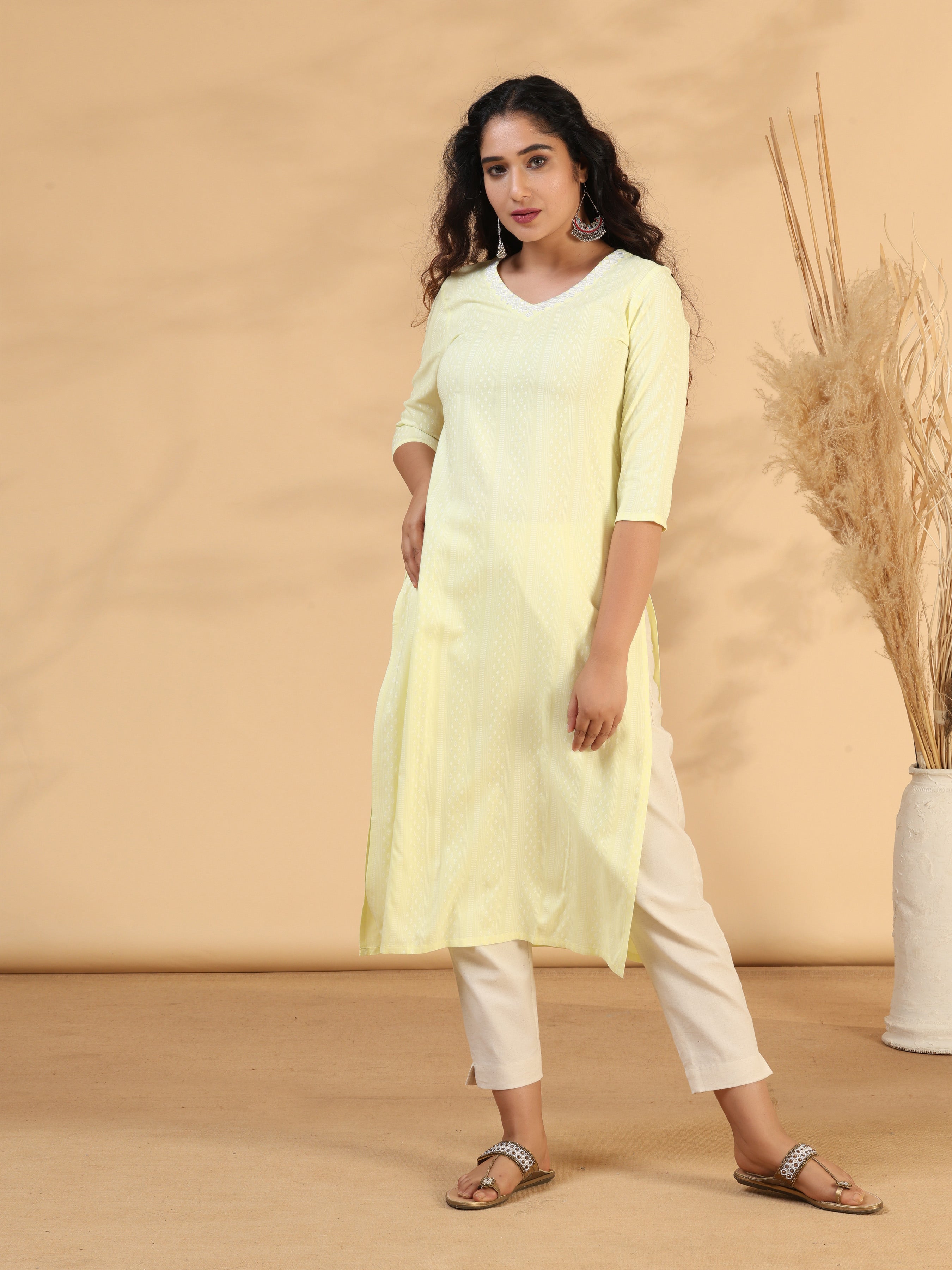 Lemon Yellow Rayon Kurti With Embroidery