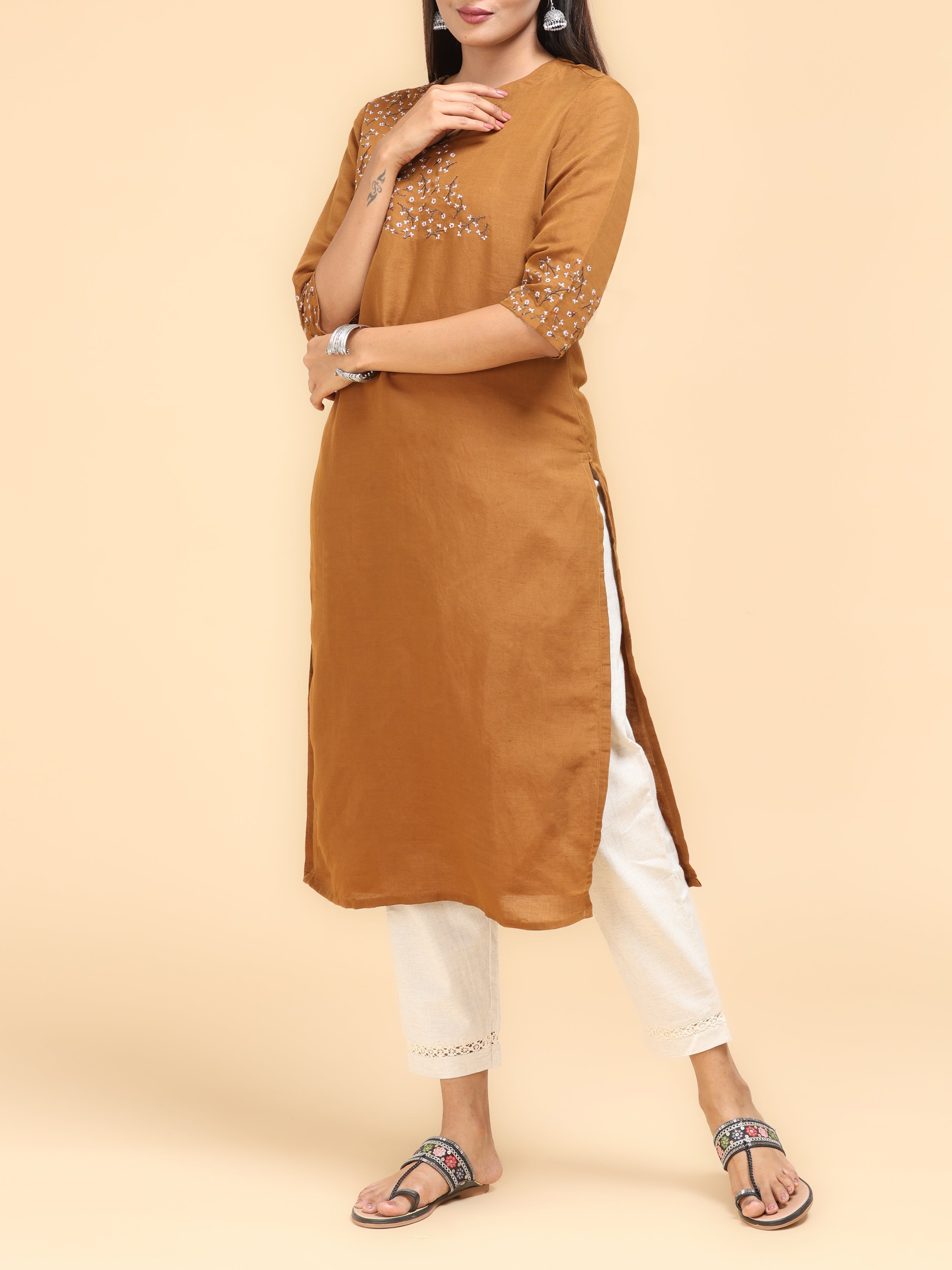 Orange Cotton Linen Kurti With Embroidery