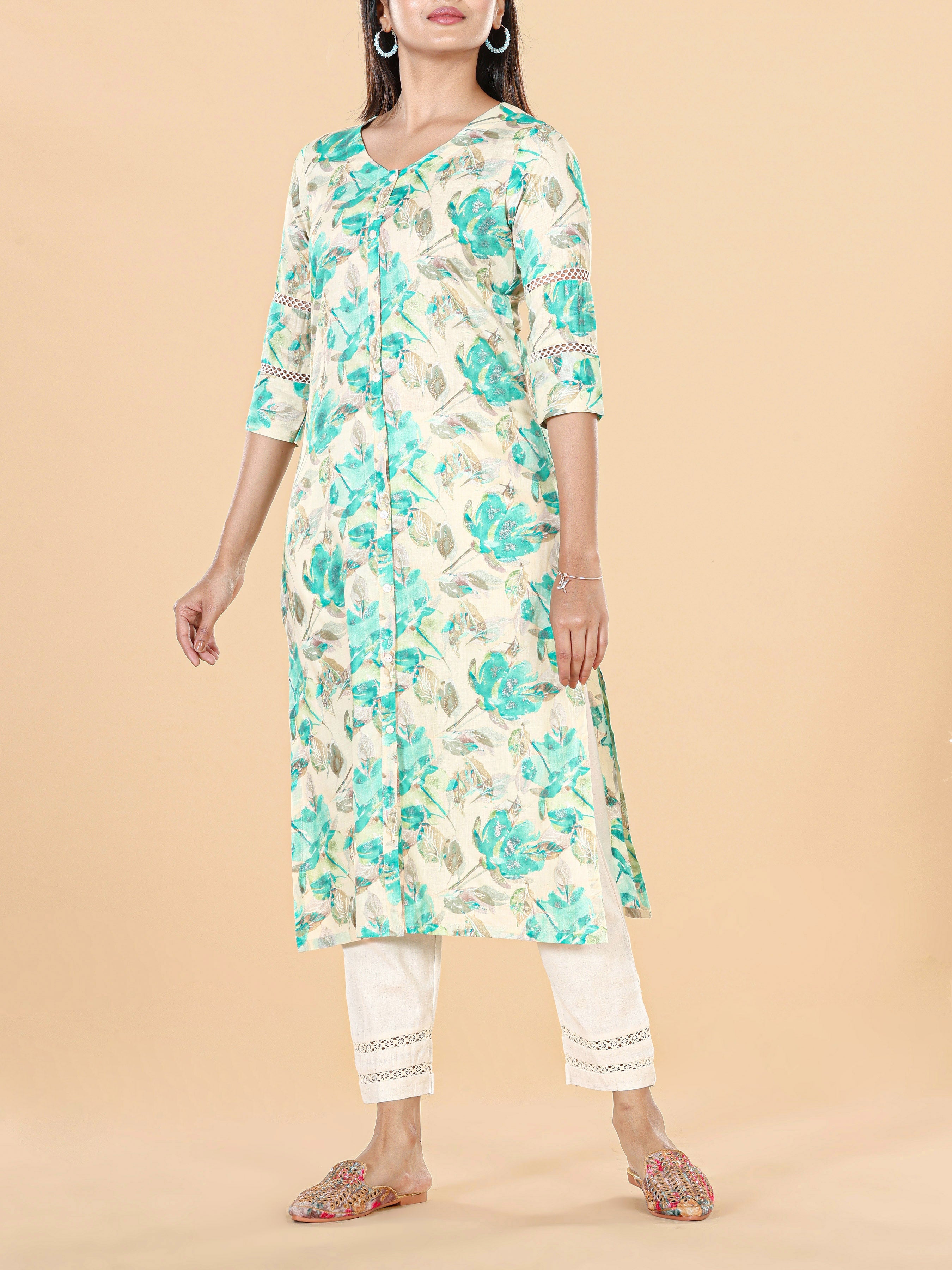 Multi Colour Pure Cotton Printed Kurti With Lace Detailing