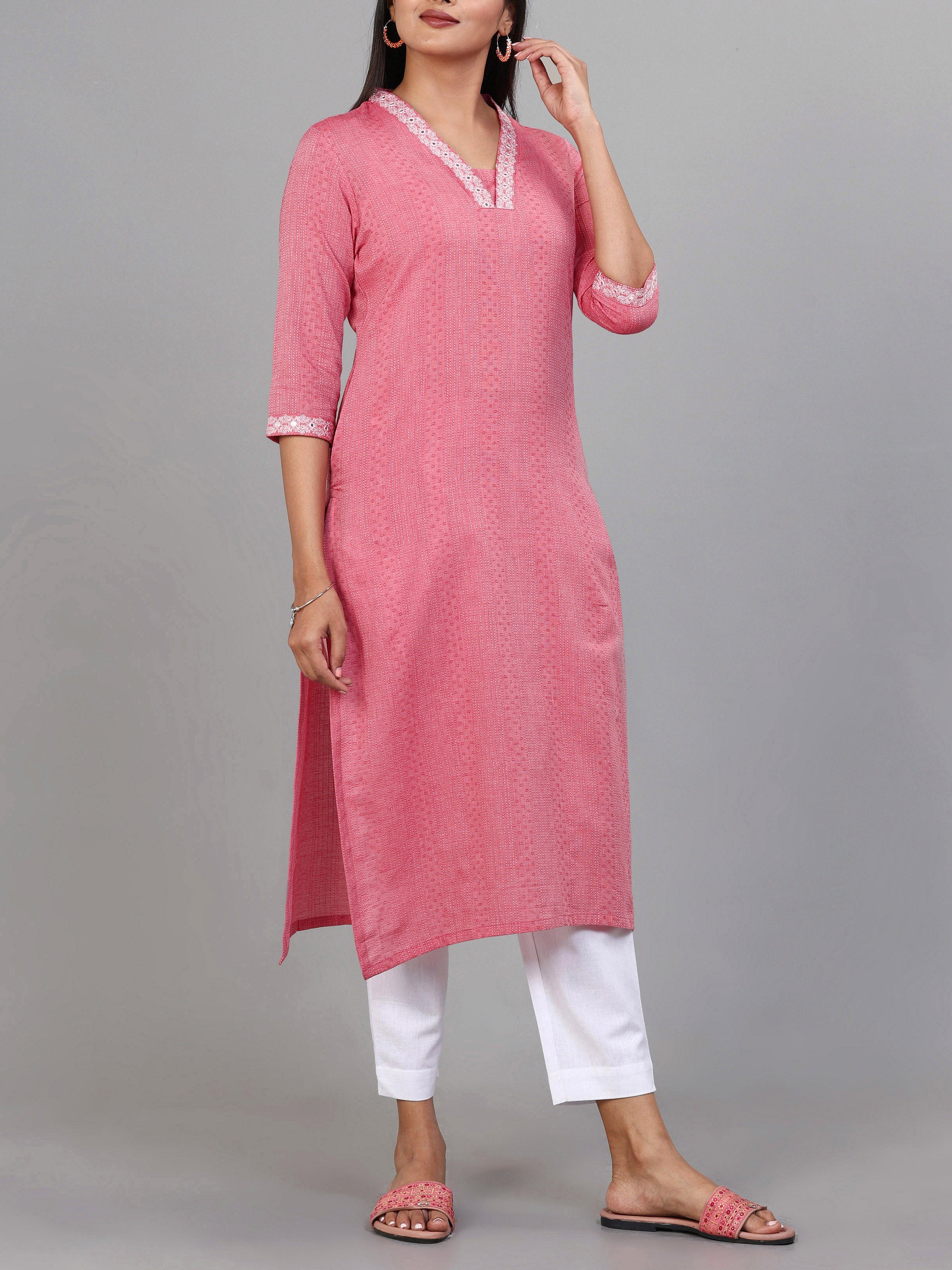 Onion Pink Cotton Dobby Kurti With Cording Embroidery