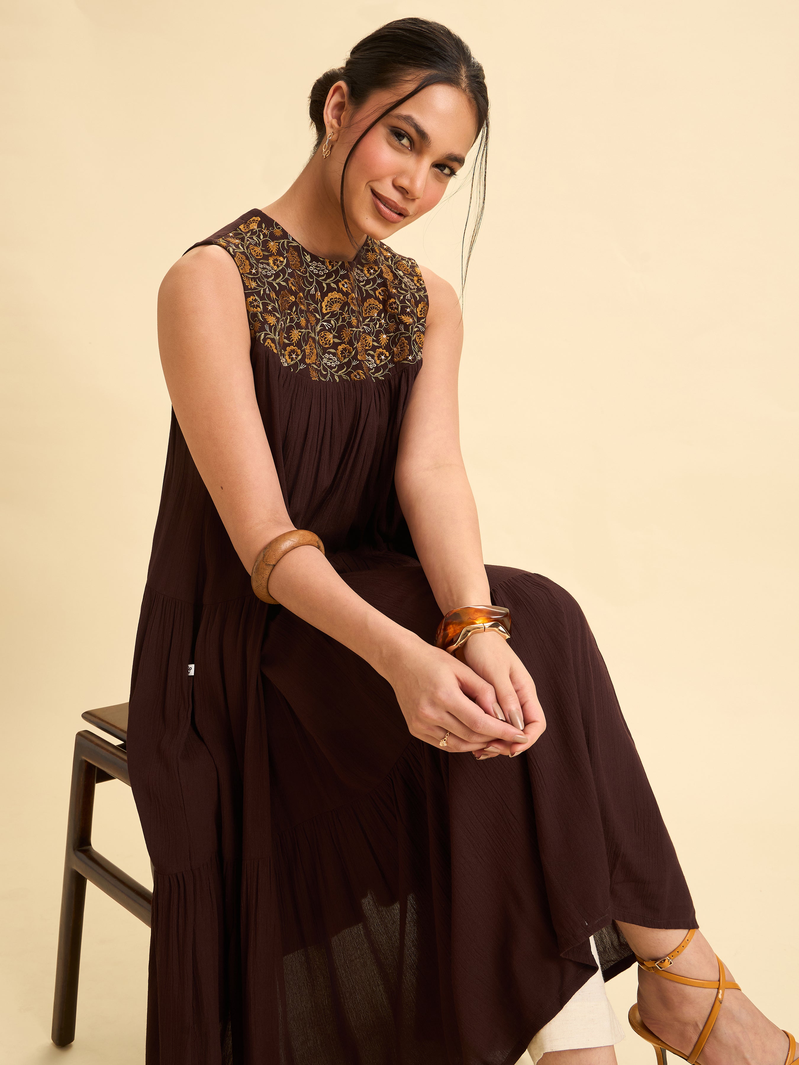 Coffee Brown Wrinkle Viscose Plain Flared Tiered Cut Kurti With Sequins Embroidery