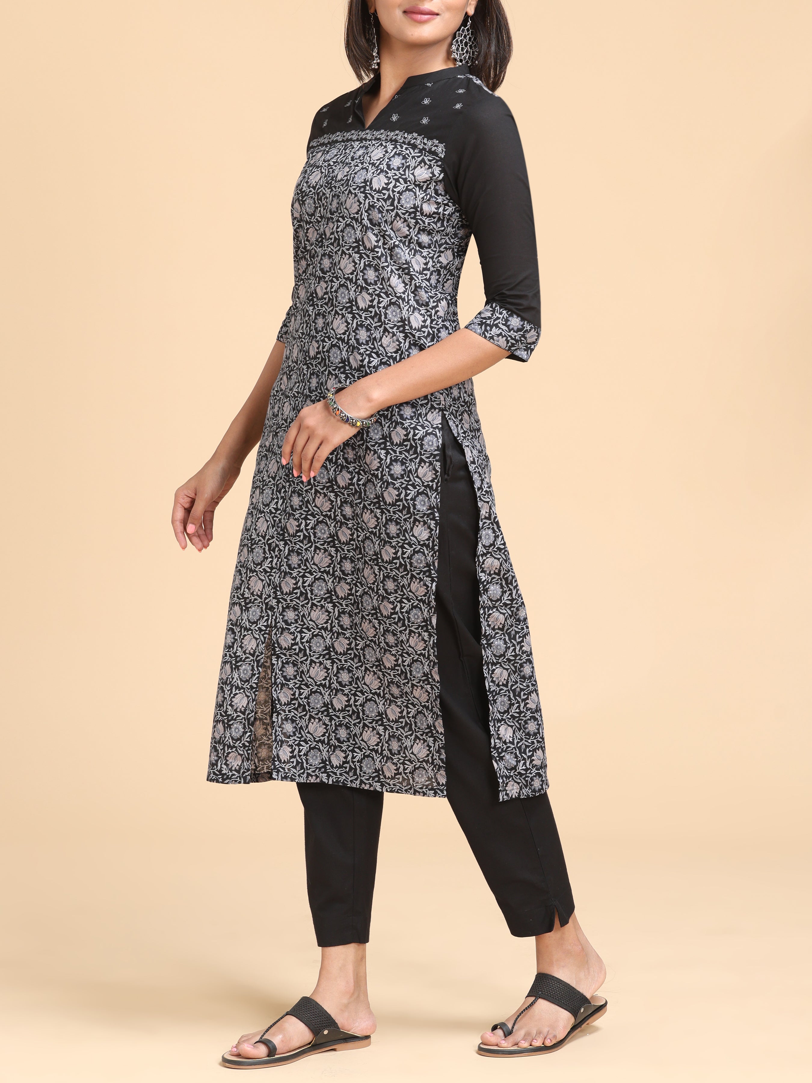 Black Pure Cotton Printed Kurti