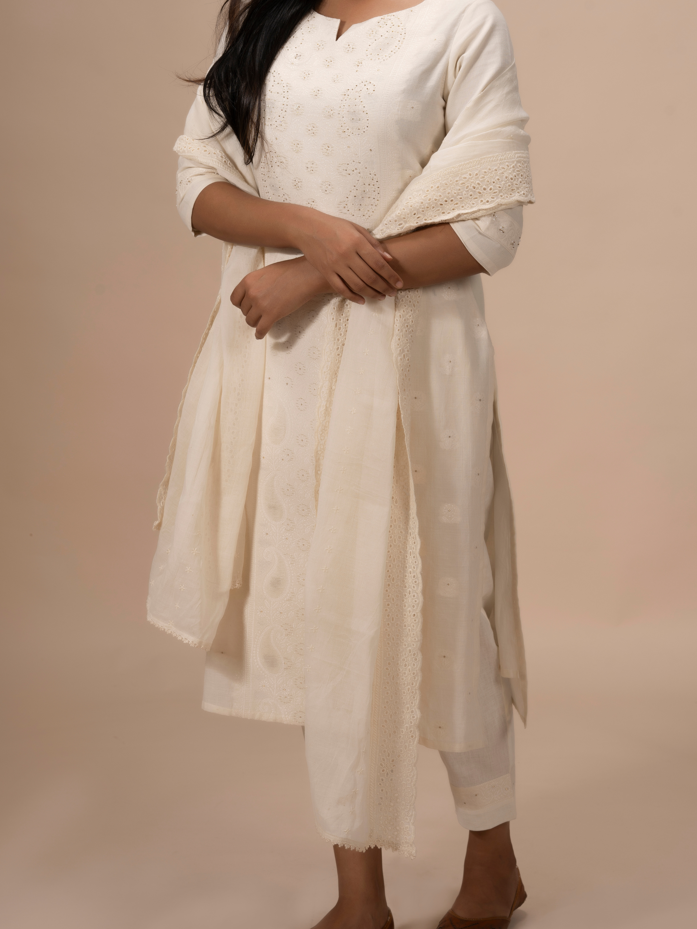 Off White Pure Cotton Kurti With Embroidery