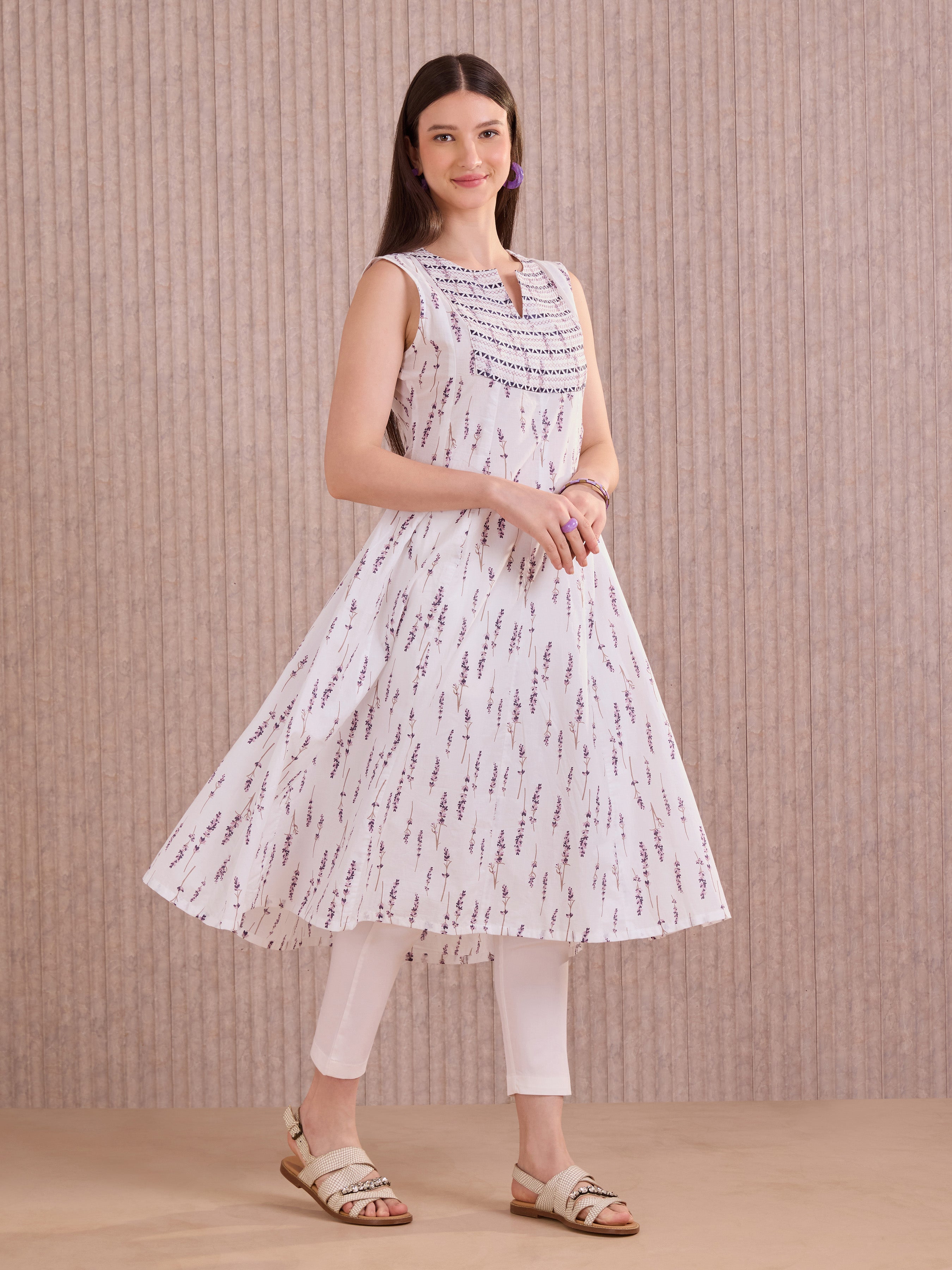 White And Purple Cotton Printed Flared Kali Cut Sleeve Less Kurti With Embroidery