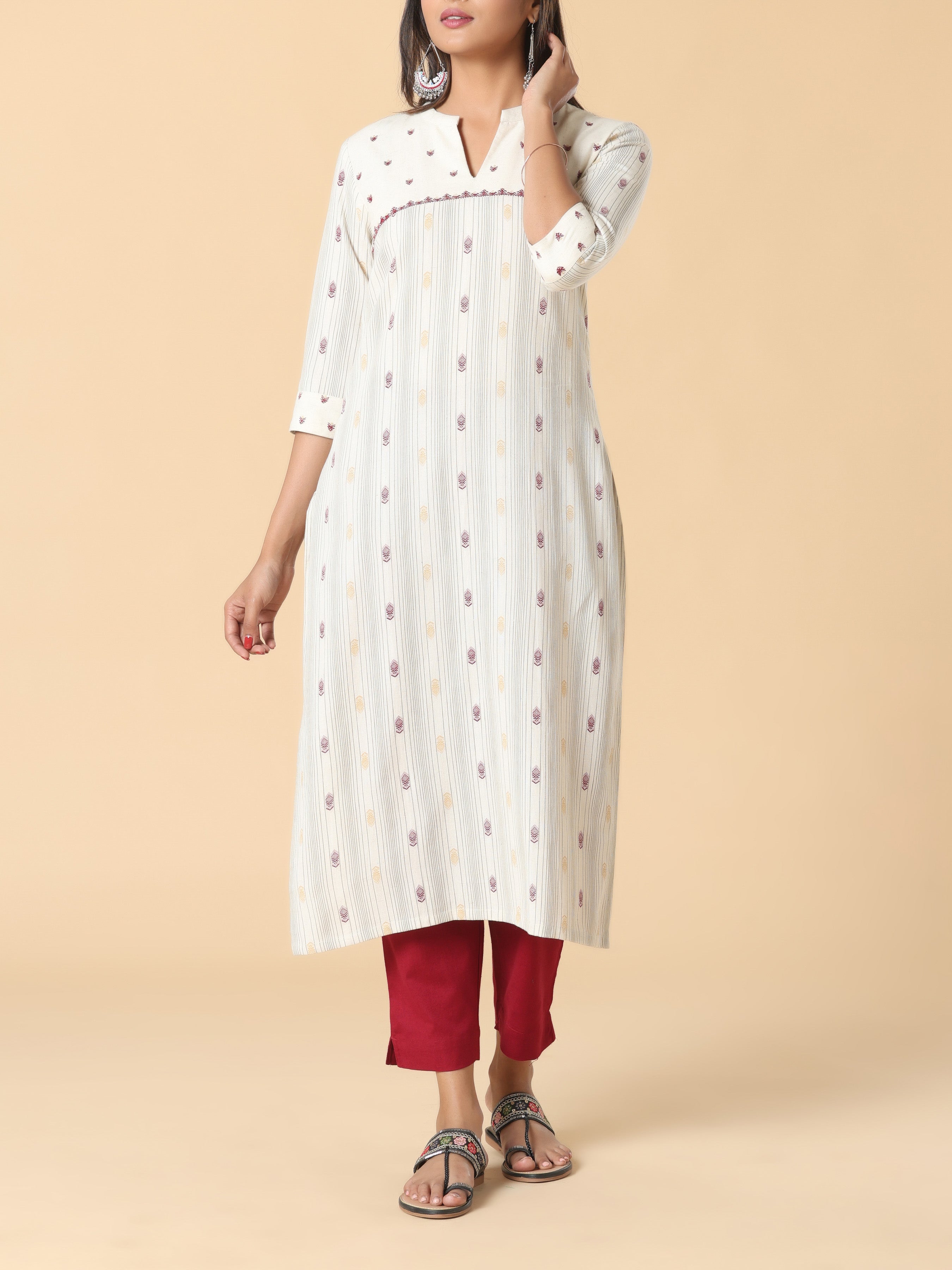Multi Color Cotton Flax Printed Kurti With Embroidery