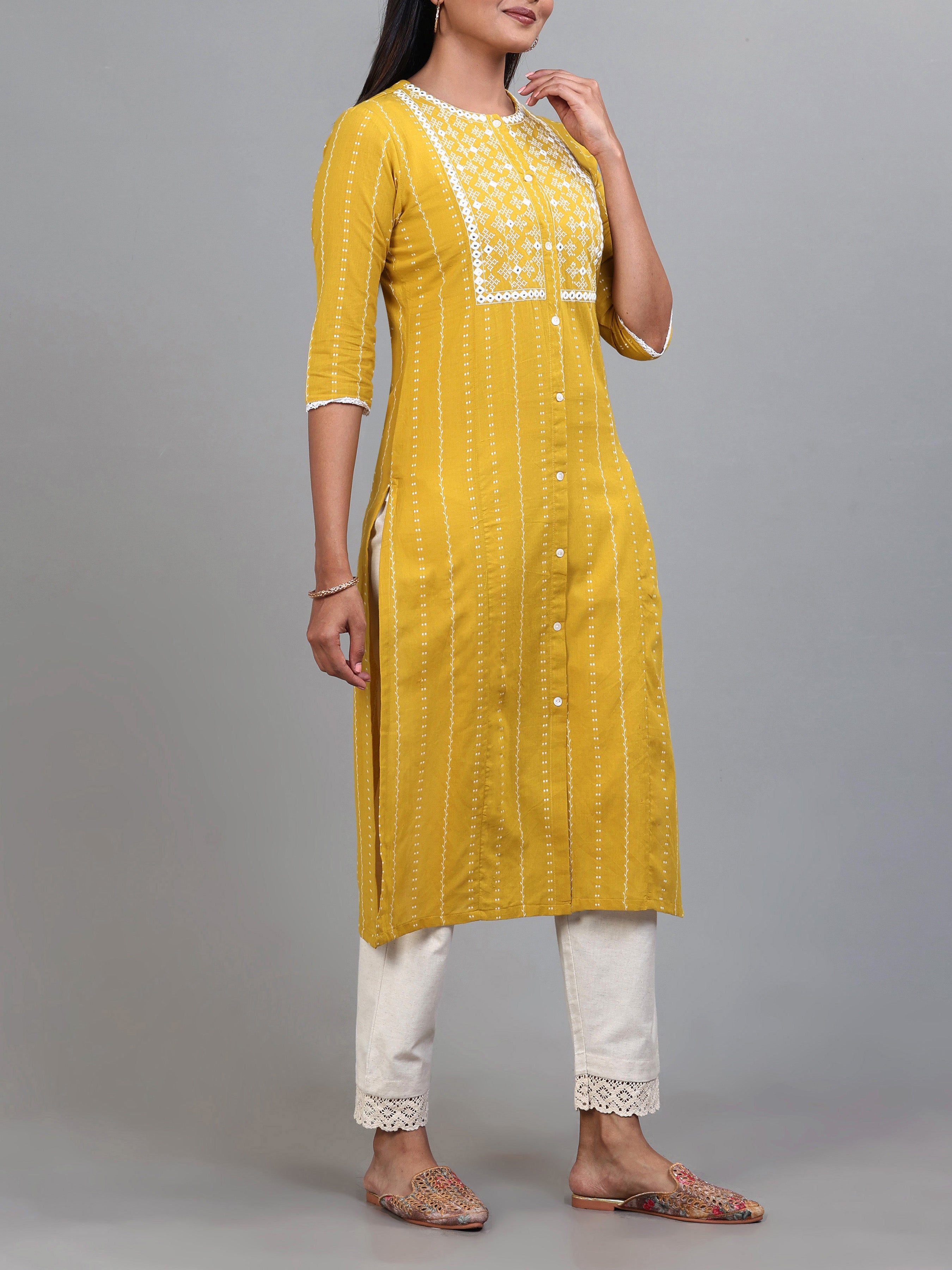 Mustard Yellow Cotton Dobby Kurti With Embroidery