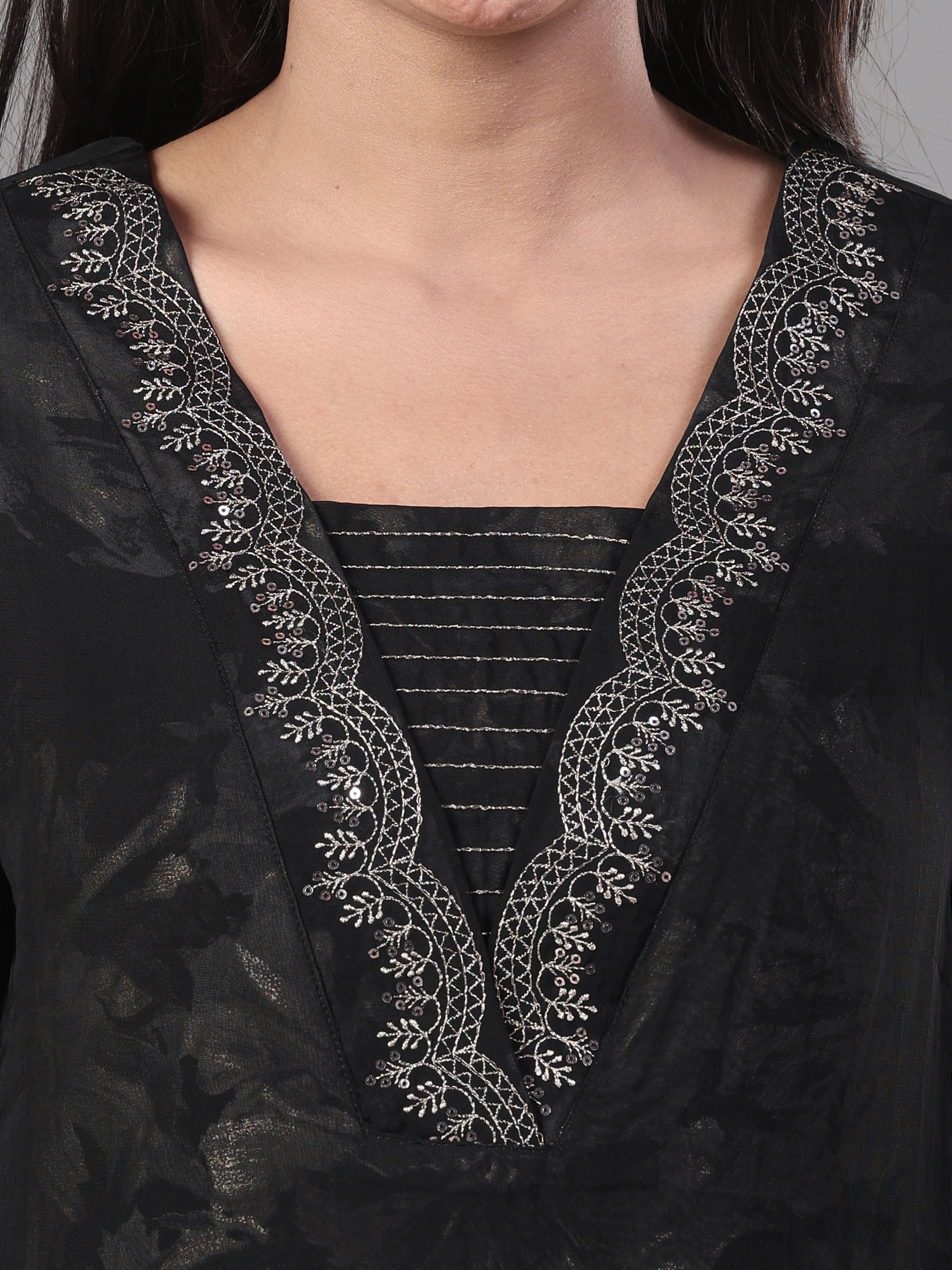 Black Modal Chanderi Printed Kurti With Embroidery