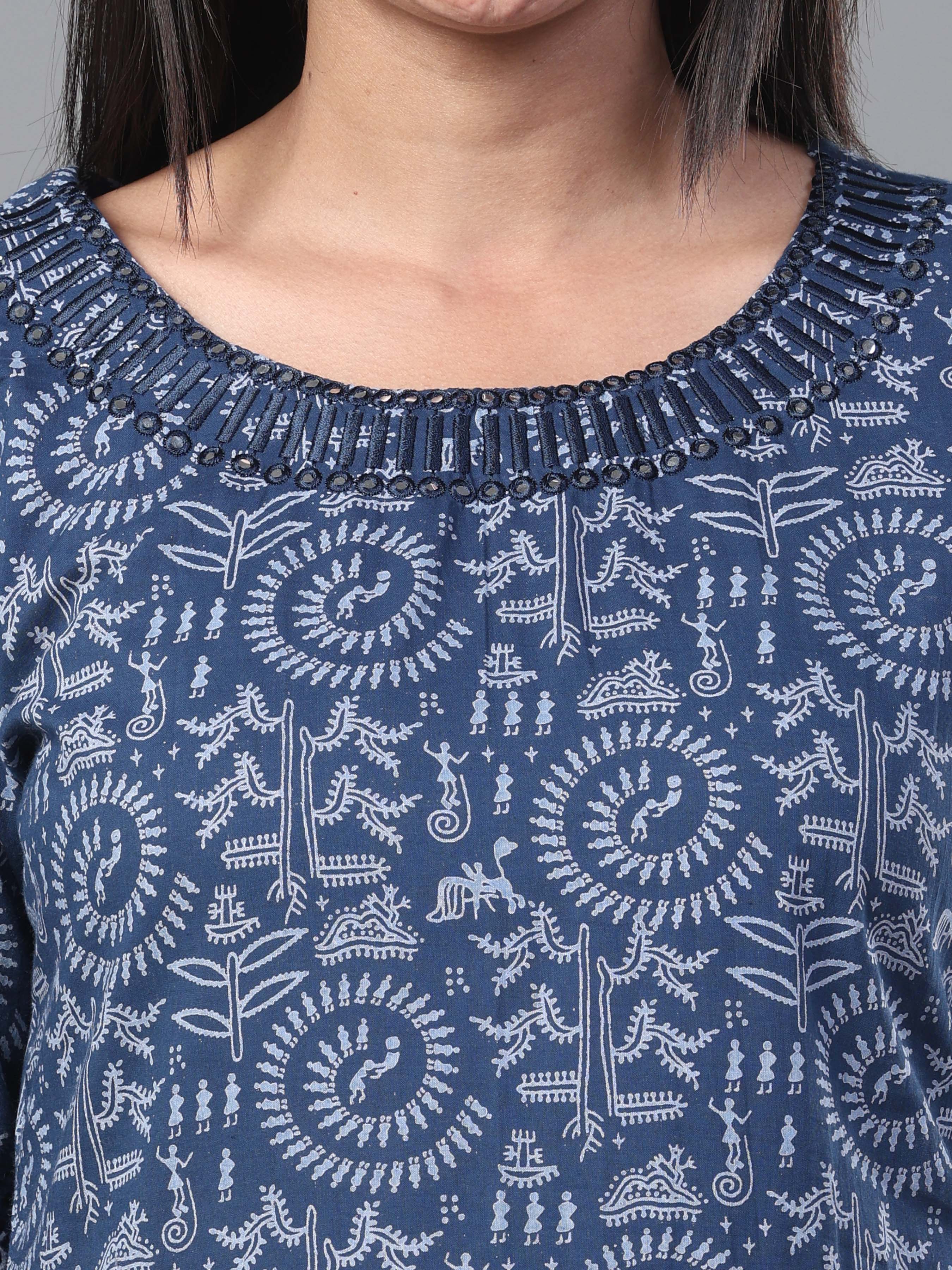 Navy Blue Pure Cotton Printed Kurti With Mirror Work