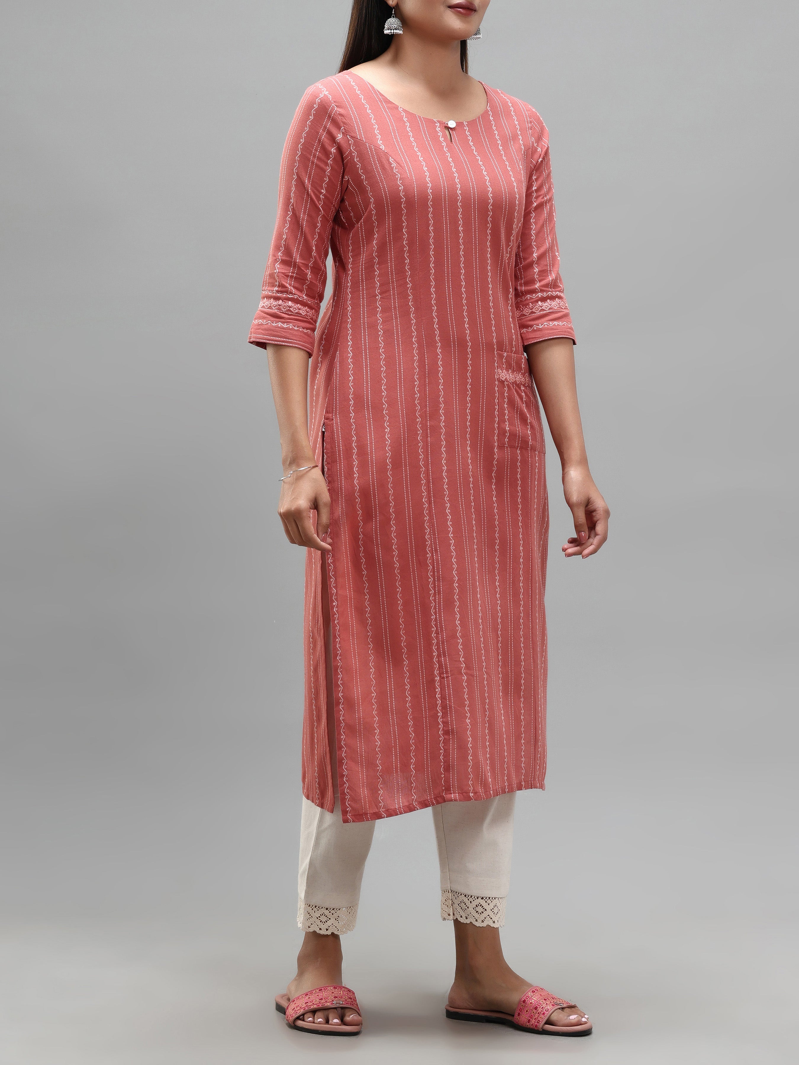 Onion Pink Cotton Dobby Kurti With Embroidery