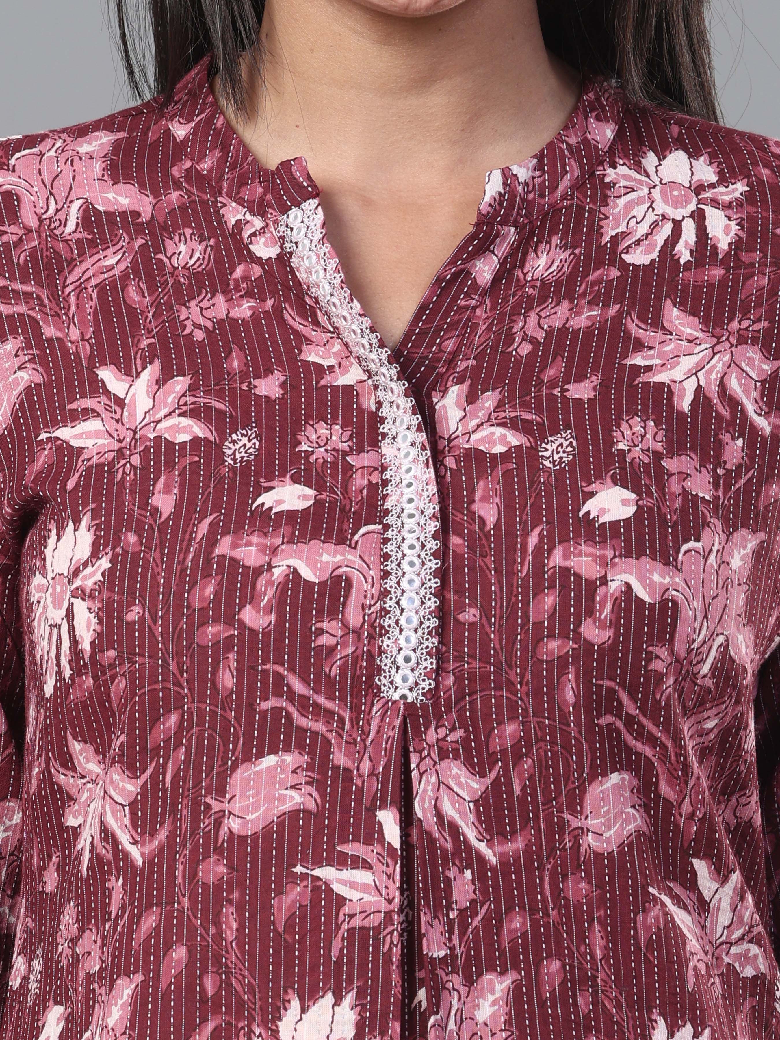 Wine Red Pure Cotton Kurti With Embroidery