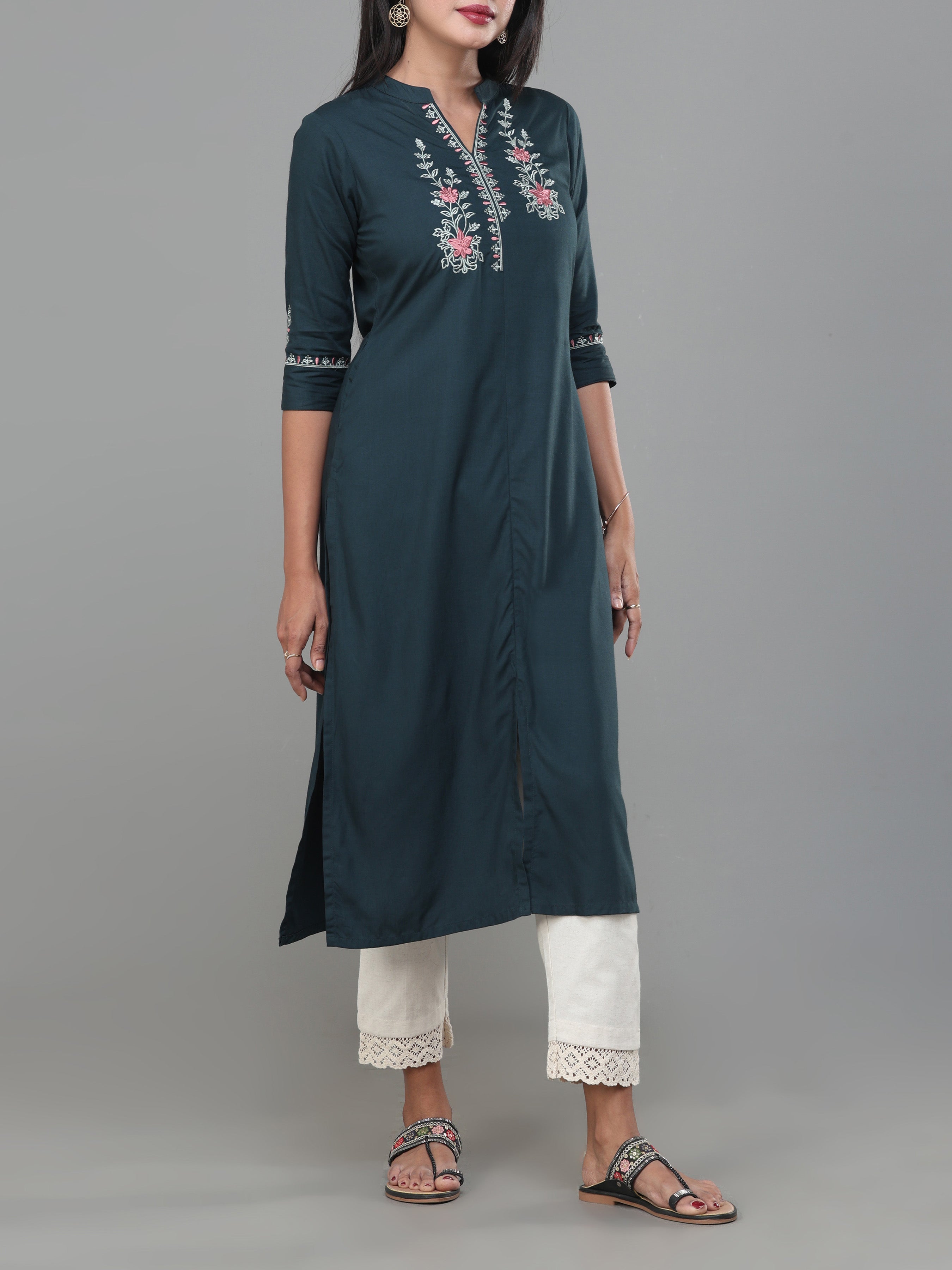 Teal Green Viscose Slub Kurti With Embroidery