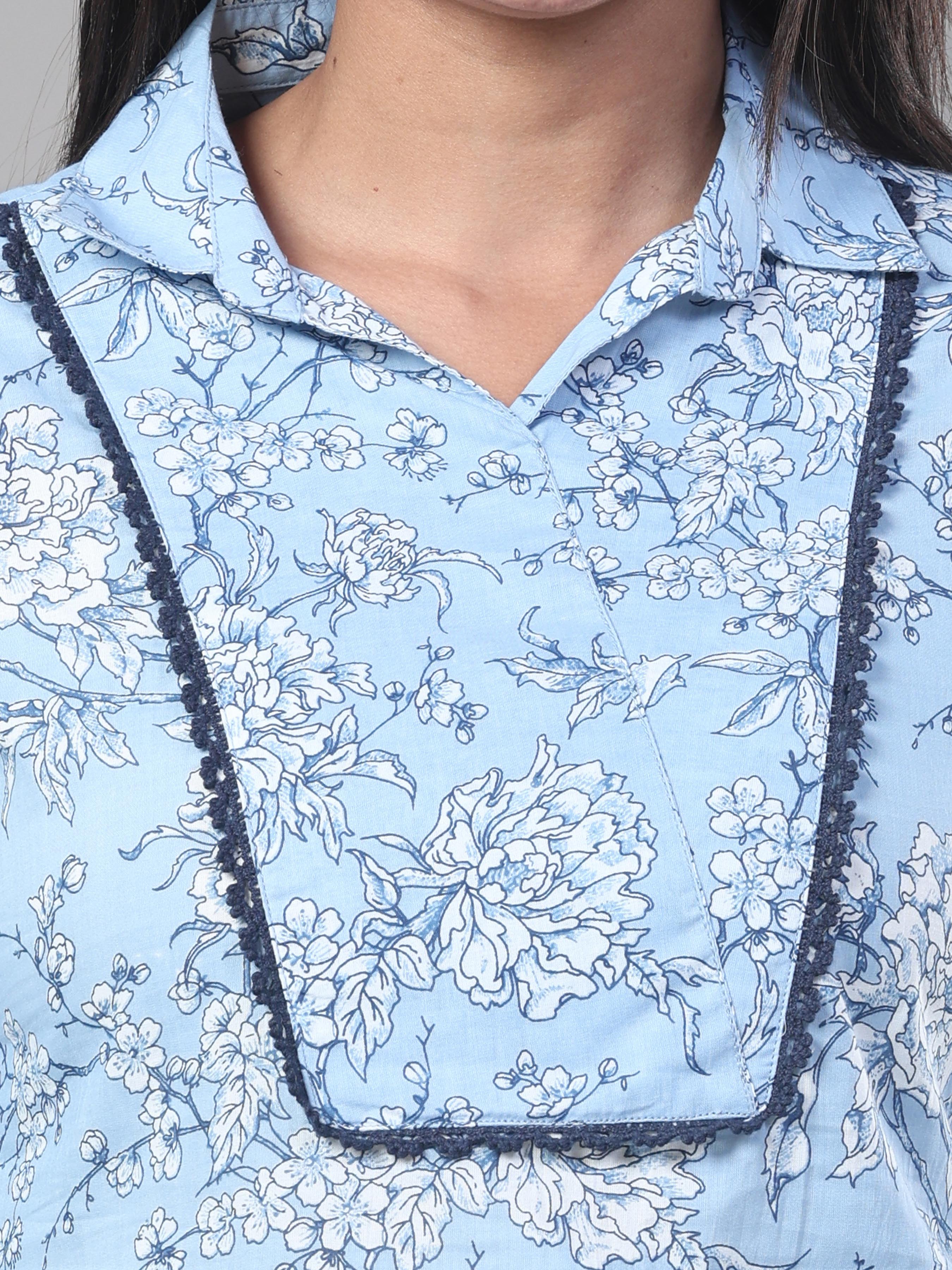 Sky Blue Pure Cotton Printed Kurti With Lace Detailing