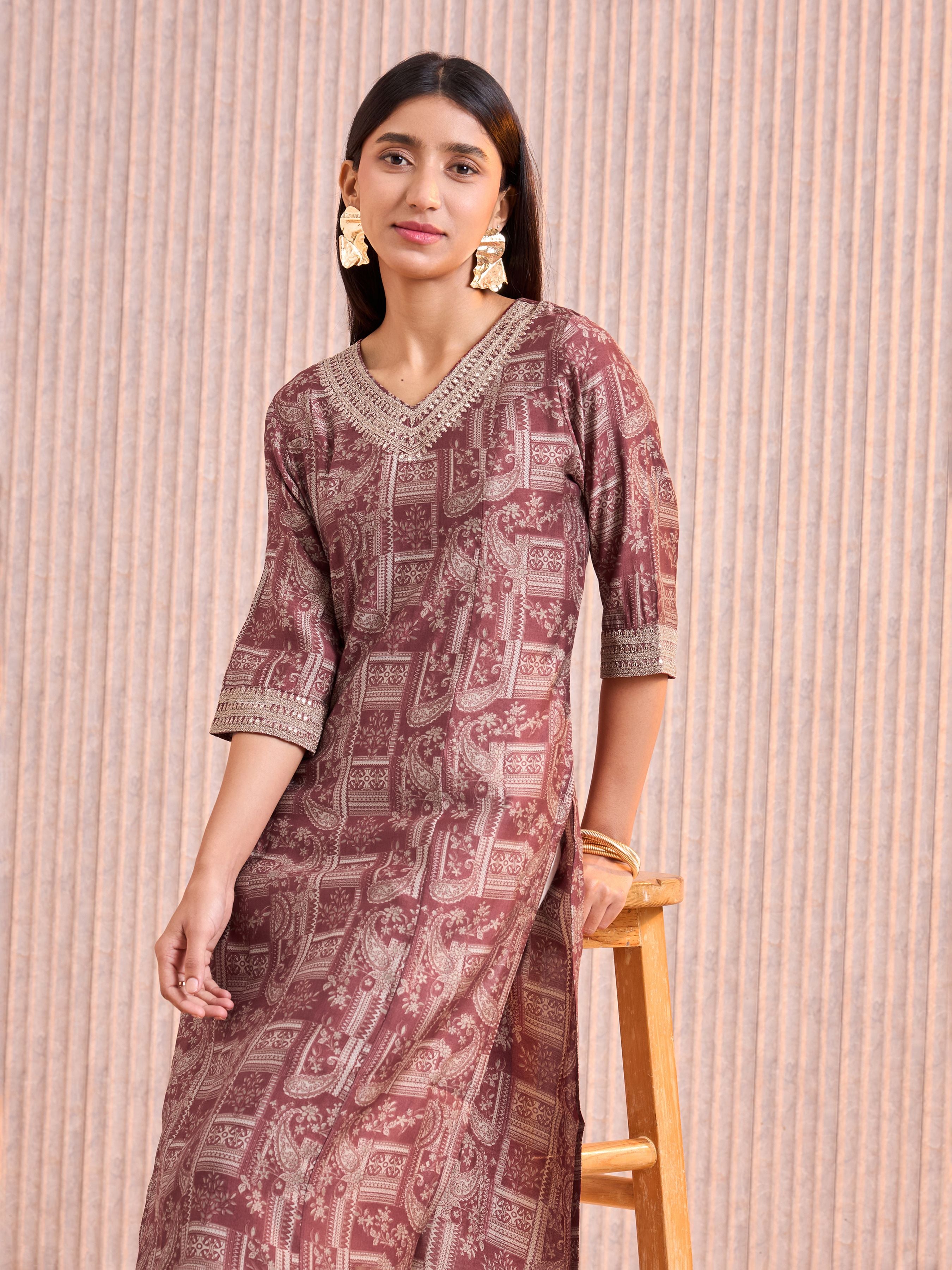 Meroon Modal Chanderi Kurti With Sequins Work