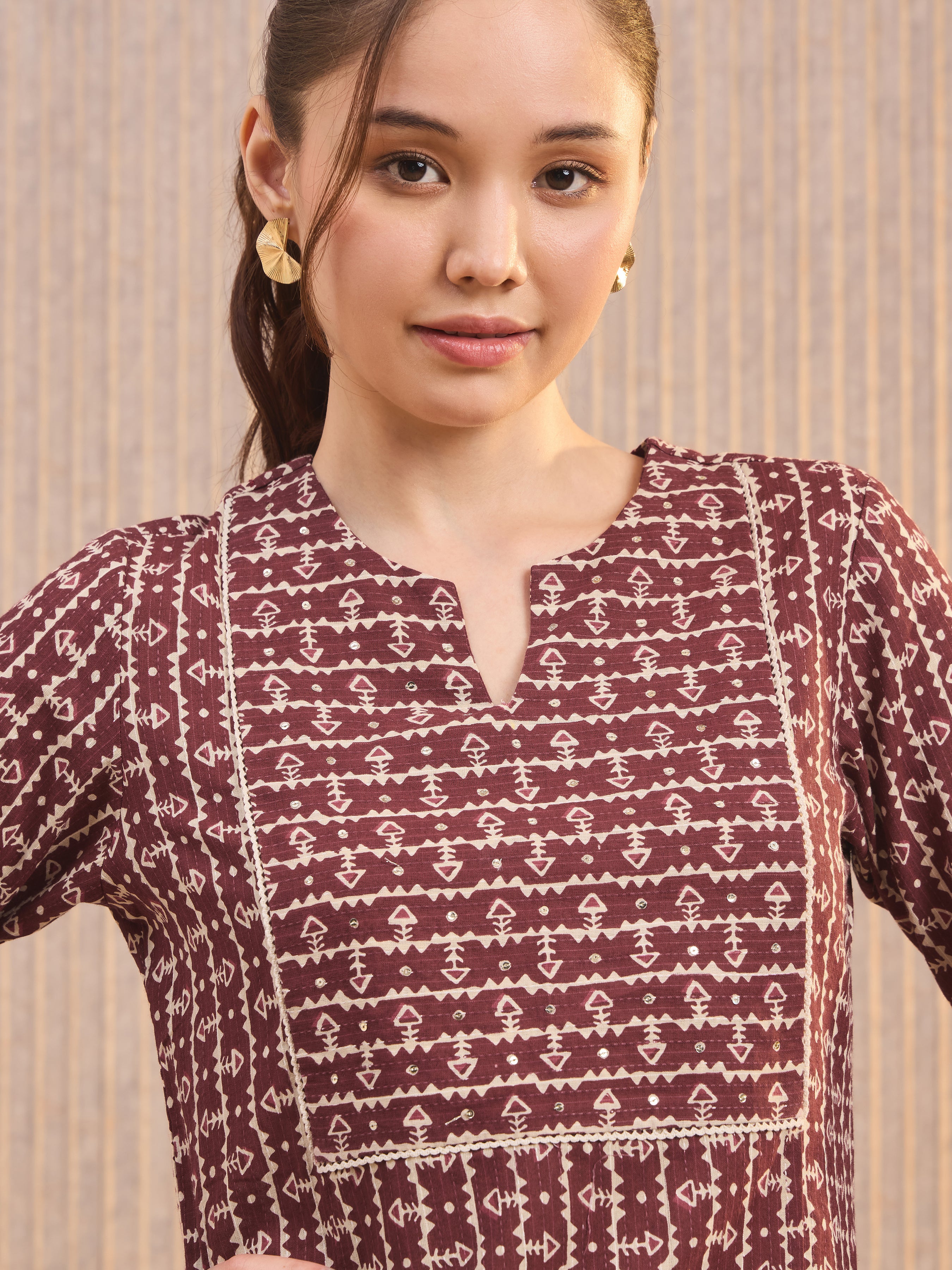 Maroon Pure Cotton Printed Kurti With Lace&Sequins Work