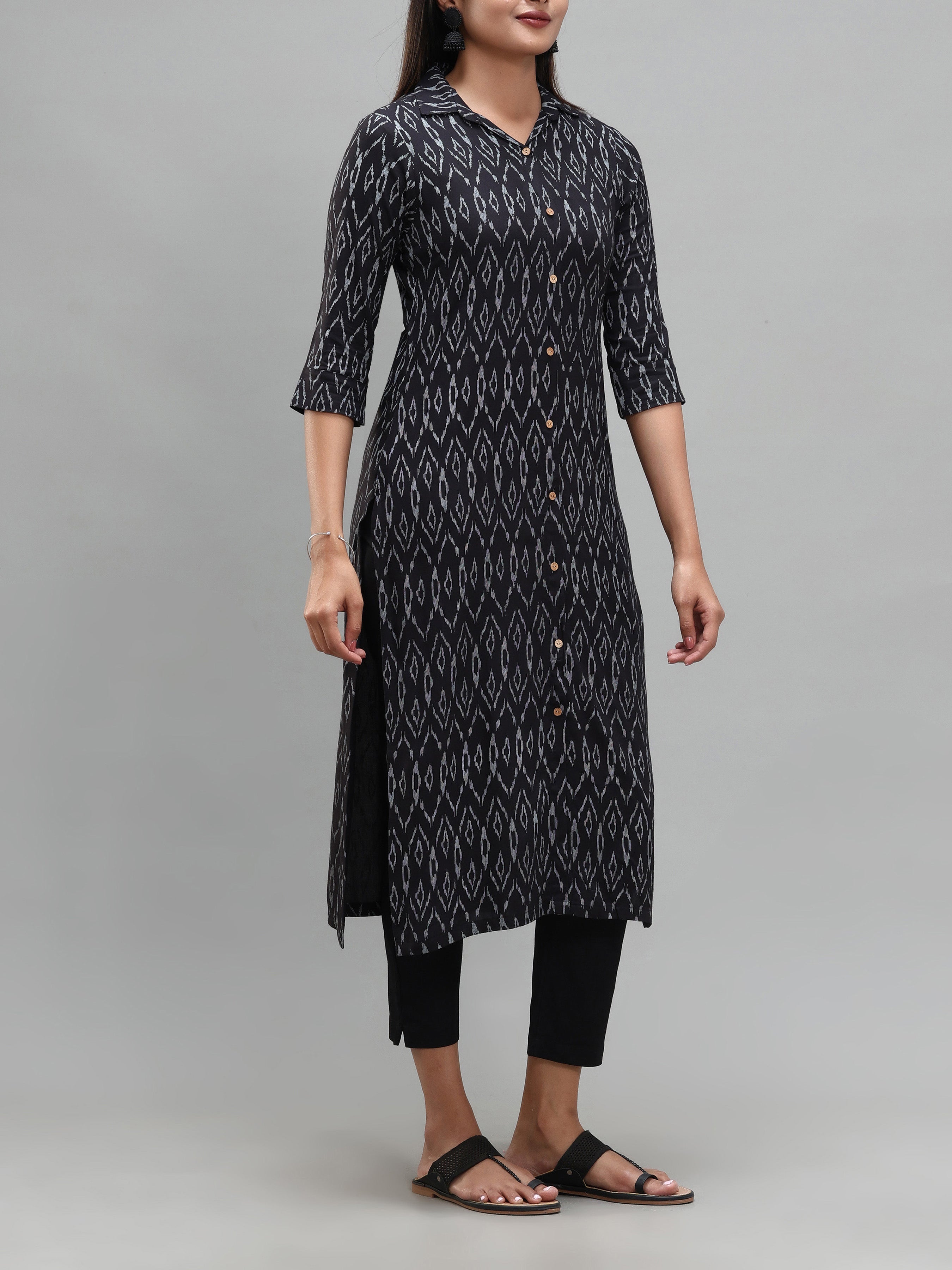 Black Viscose Printed Kurti With Button Placket