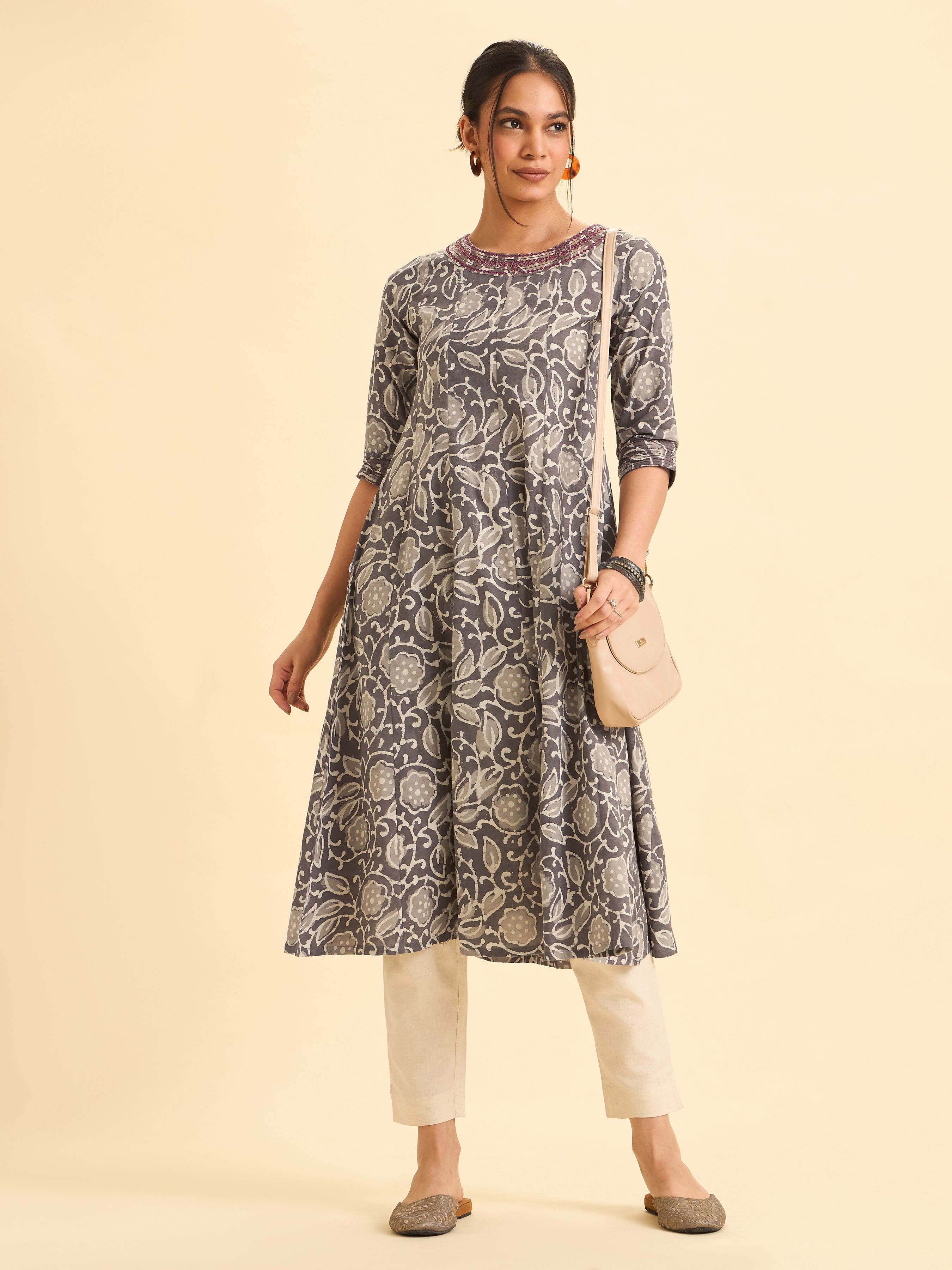 Gray And Ivory Pure Cotton Printed Flared Kalicut kurti With Embroidery And Sequins Work