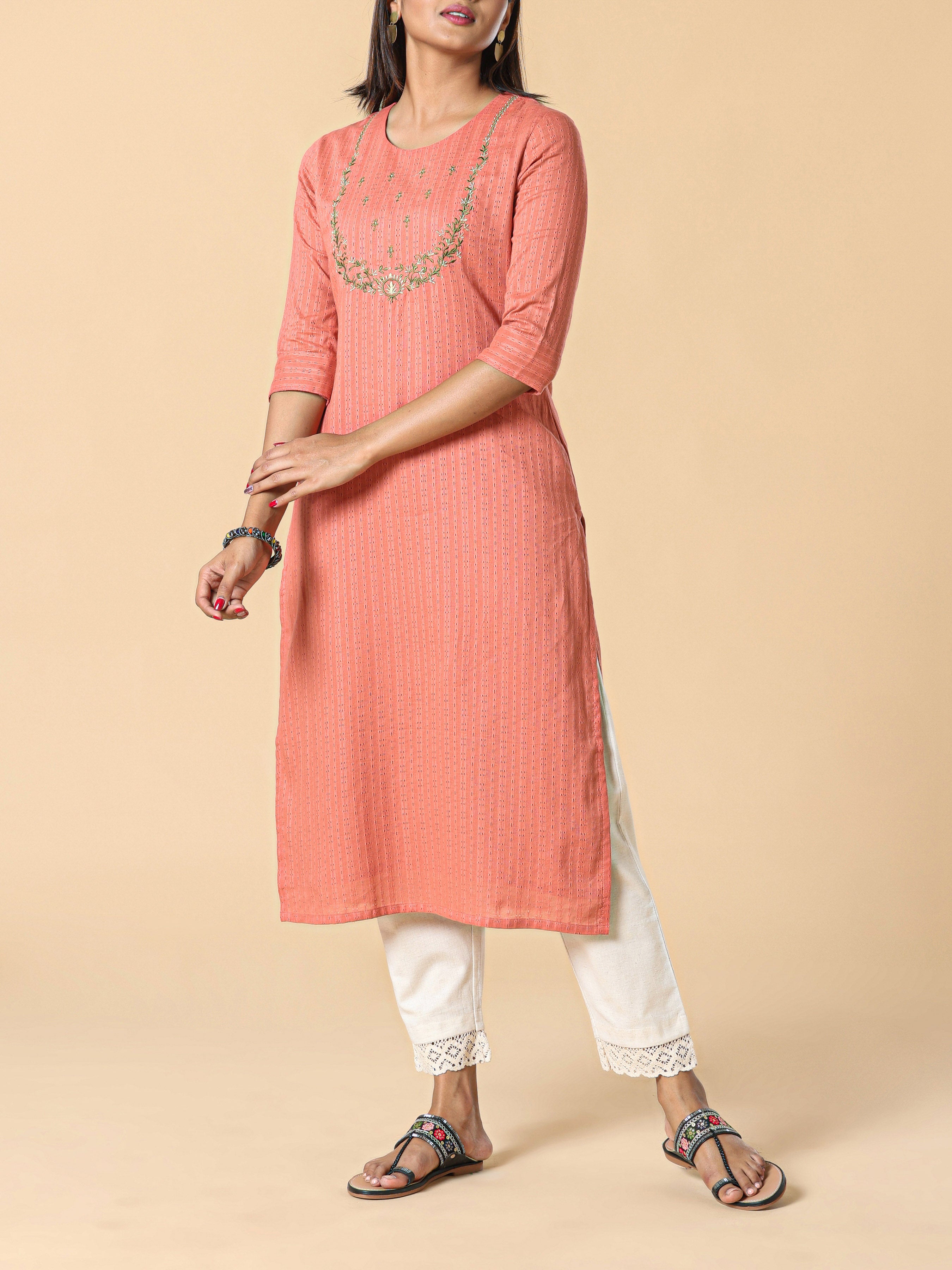 Brick Red Cotton Dobby Kurti With Embroidery