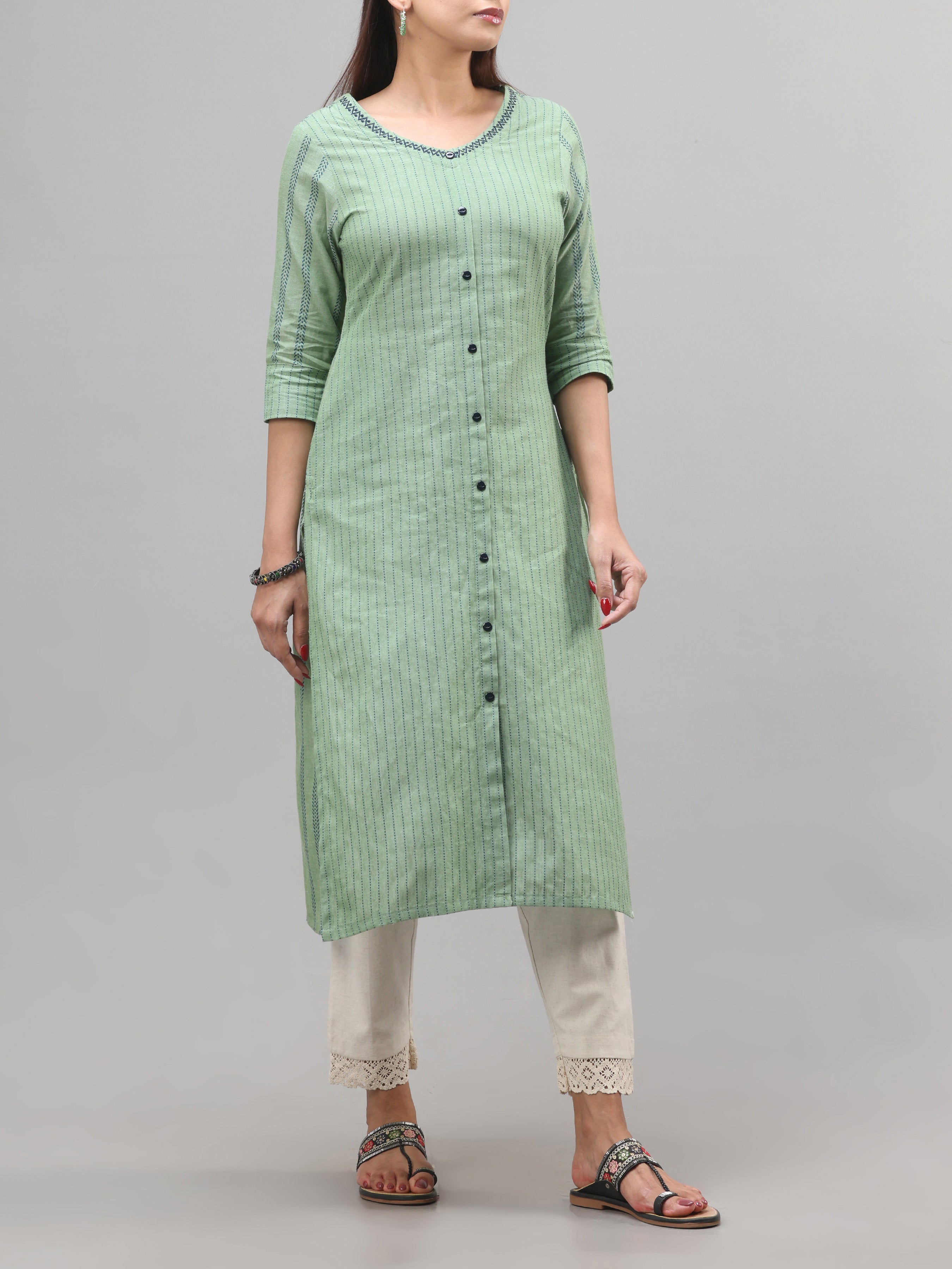 Sage Green Cotton Dobby Kurti With Embroidery