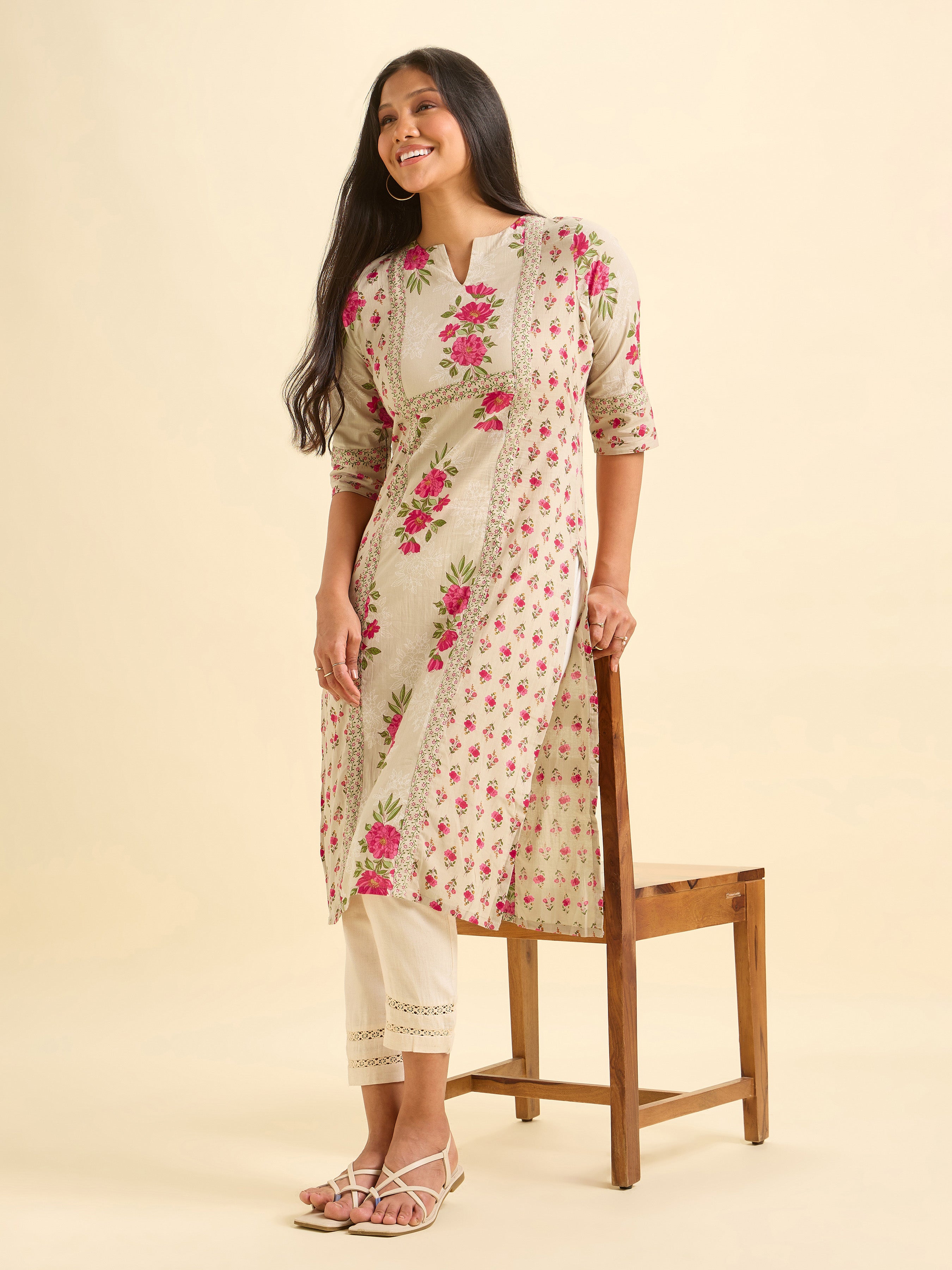 Biege Pink Pure Cotton Print Slited Kurti With Centre Panel