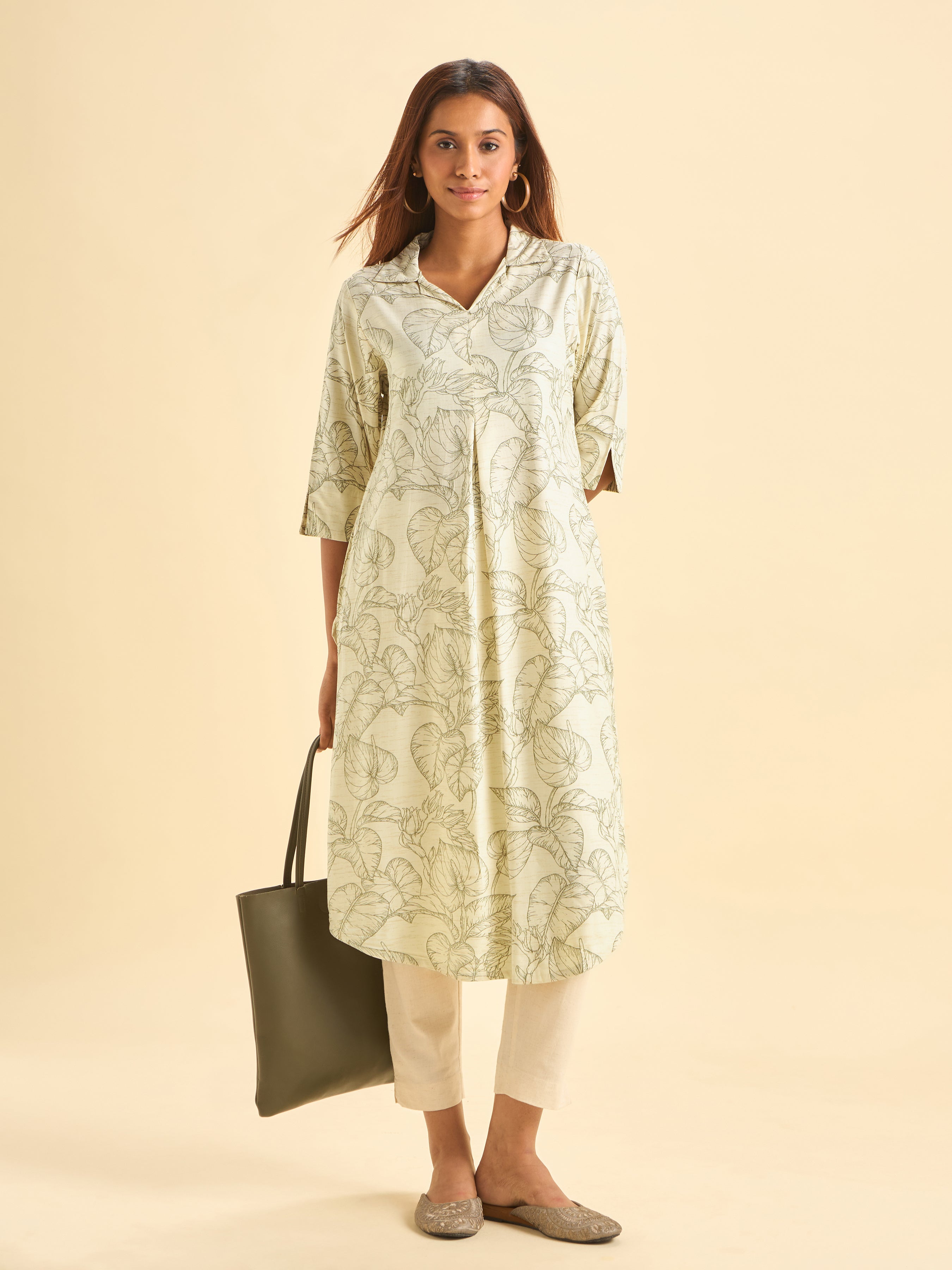 Ivory And Coffee Brown Tencel Printed Slited Kurti With Princess Cut And Libertycut