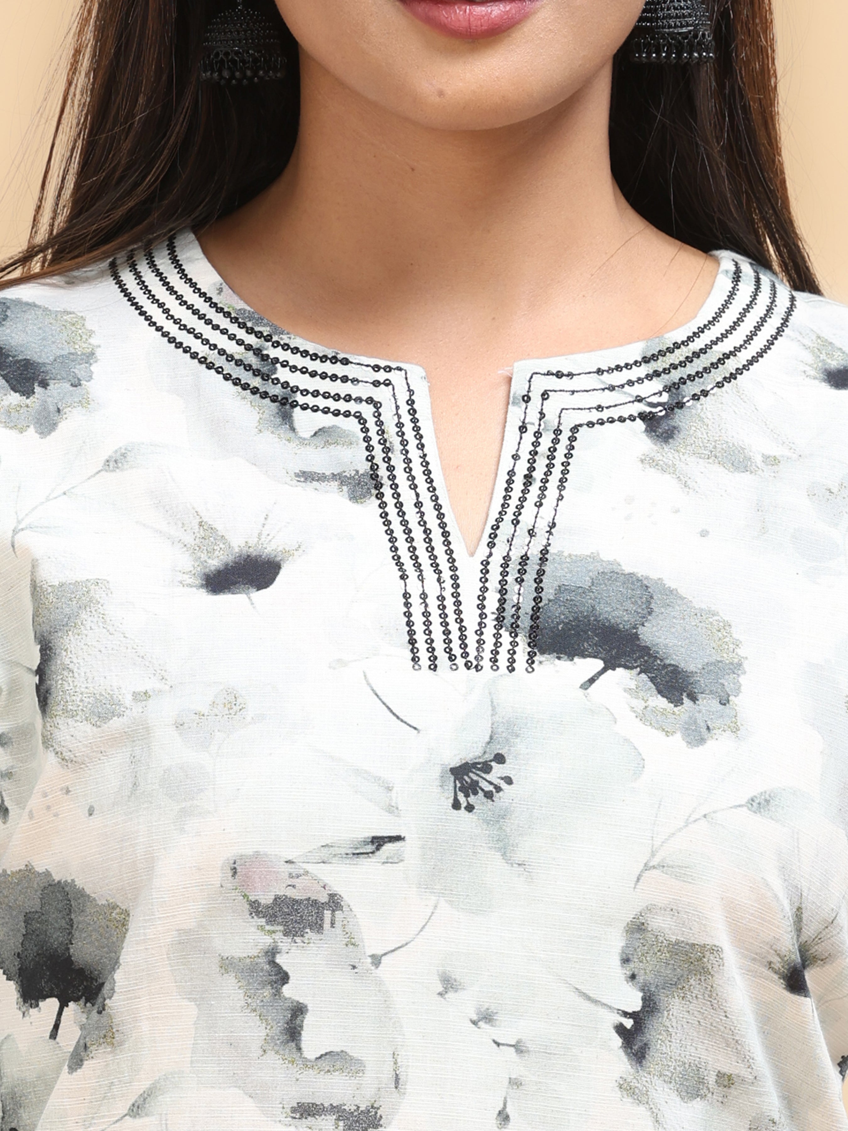 Off White Viscose Cotton Kurti With Digital Print