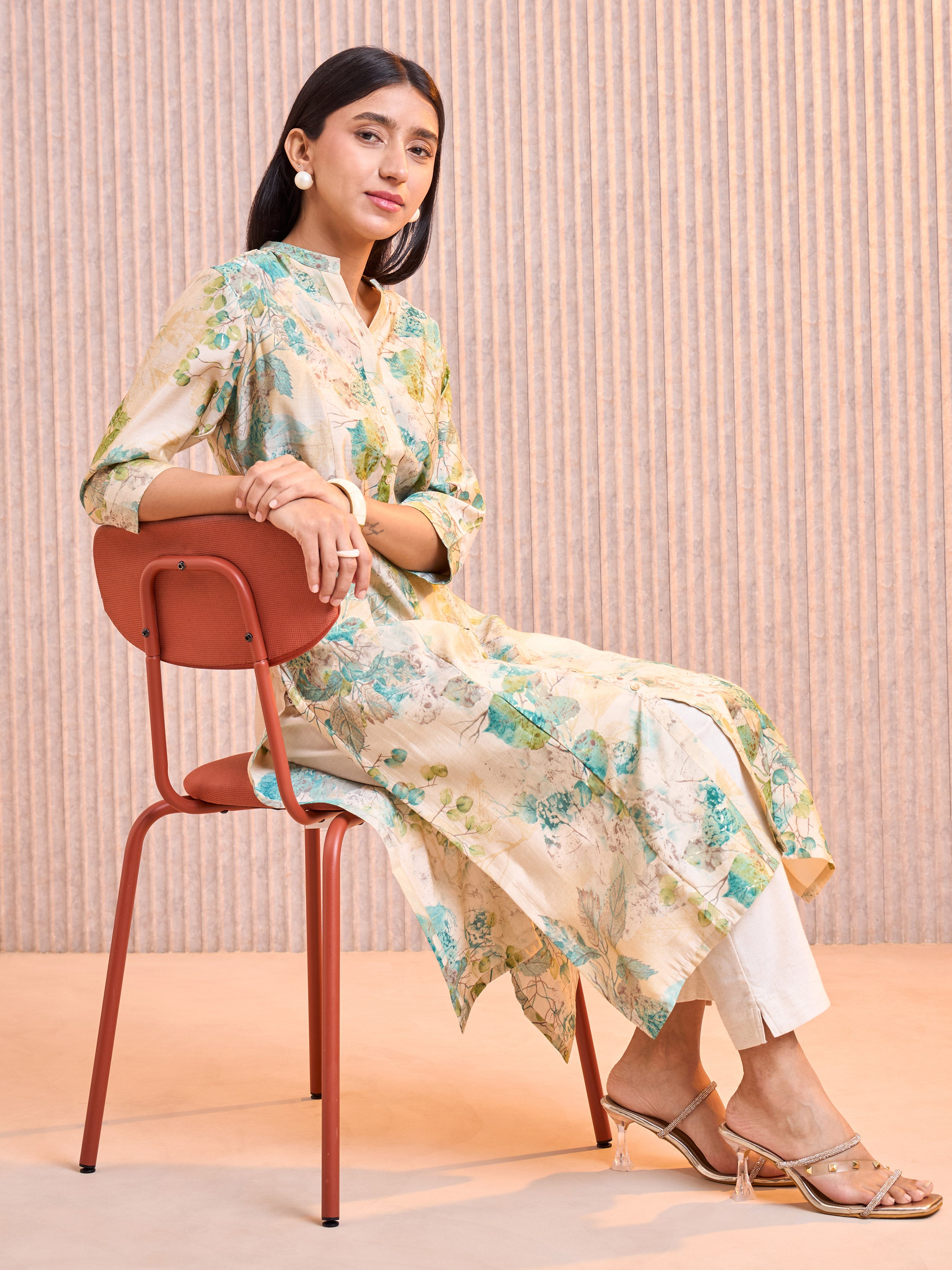 Aqua Green Modal Chanderi Foil Printed Kurti With Princess Cut